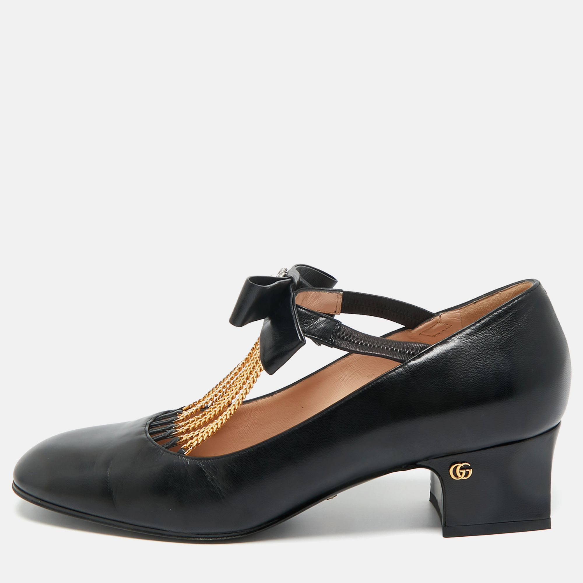 

Gucci Black Leather Chain Embellished Mary Jane Pumps Size