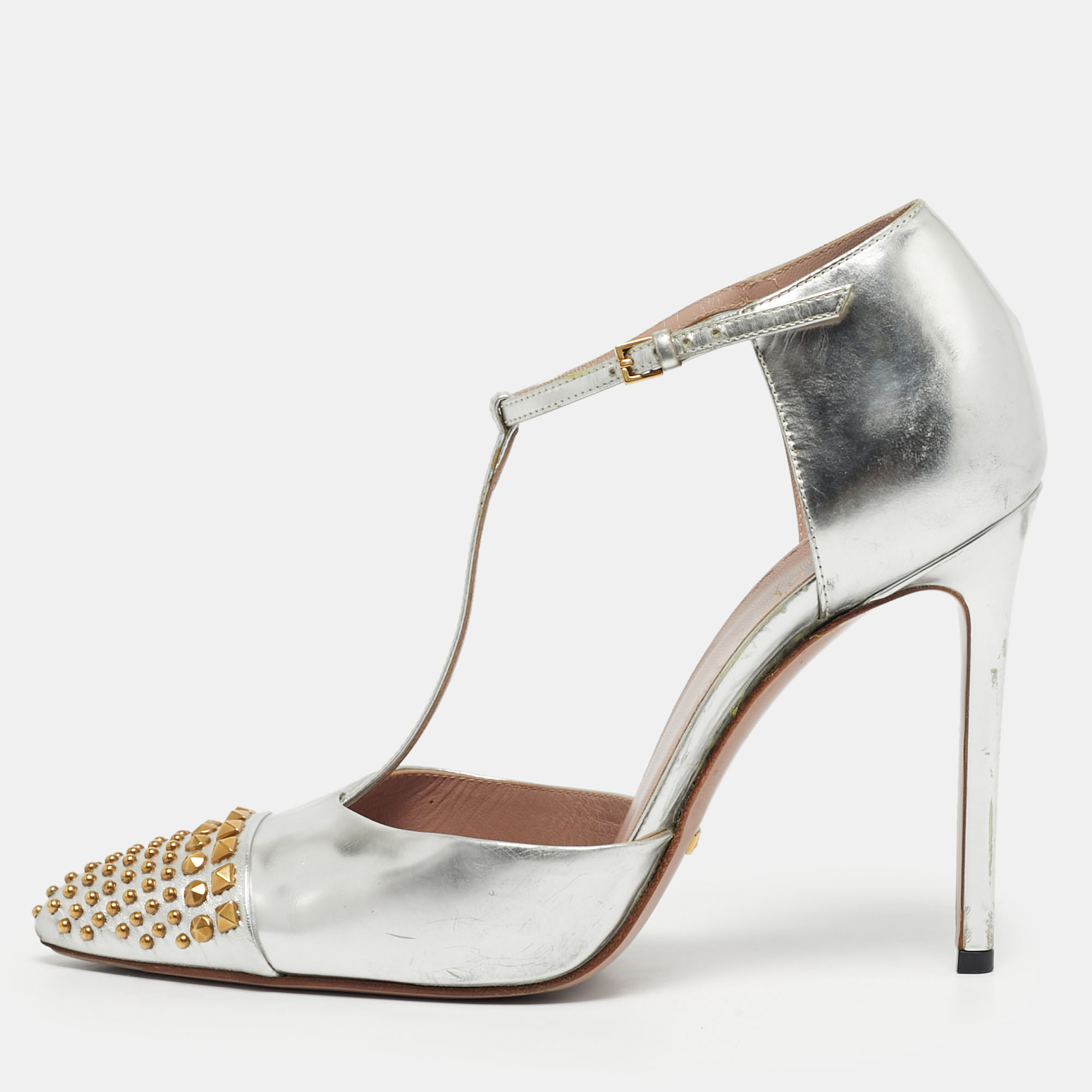 Pre-owned Gucci Silver Leather Stud Point Toe Ankle Strap Pumps Size 39.5