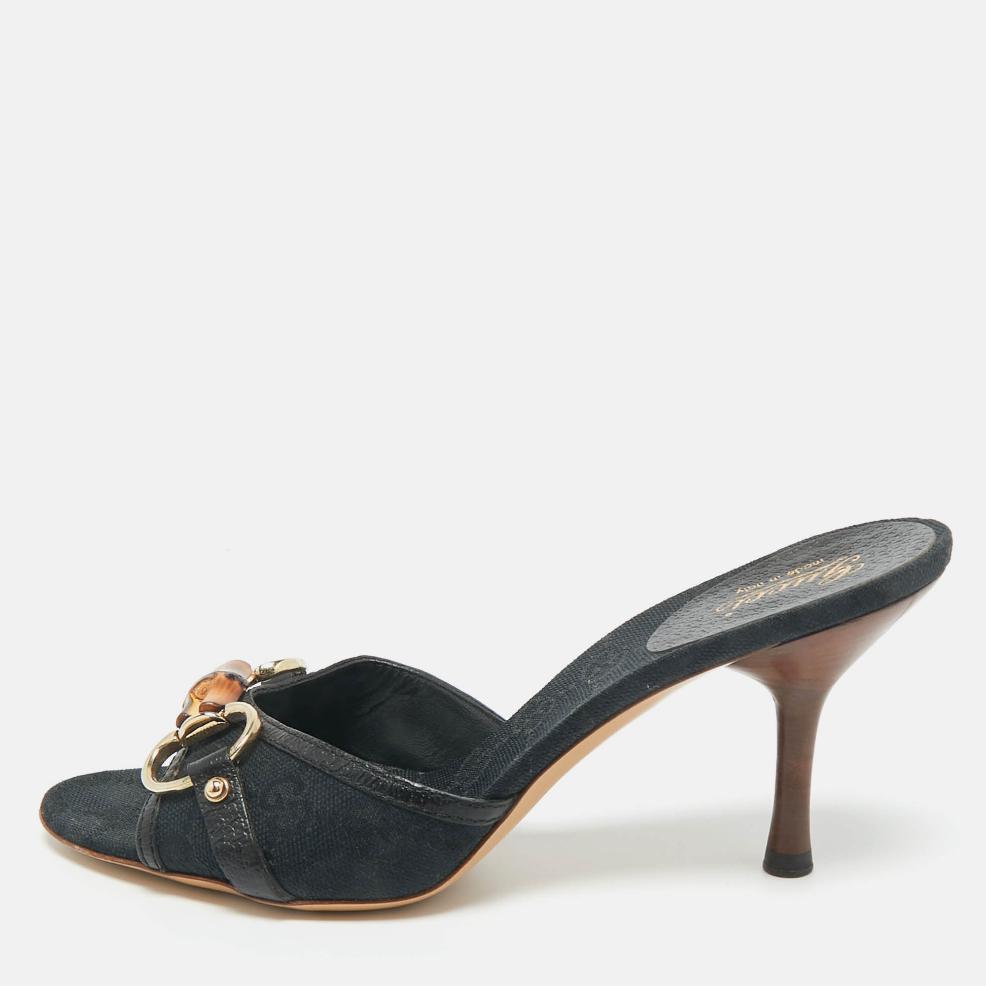 Gucci Black Canvas and Leather GG Horsebit Slide Sandals Size 35.5