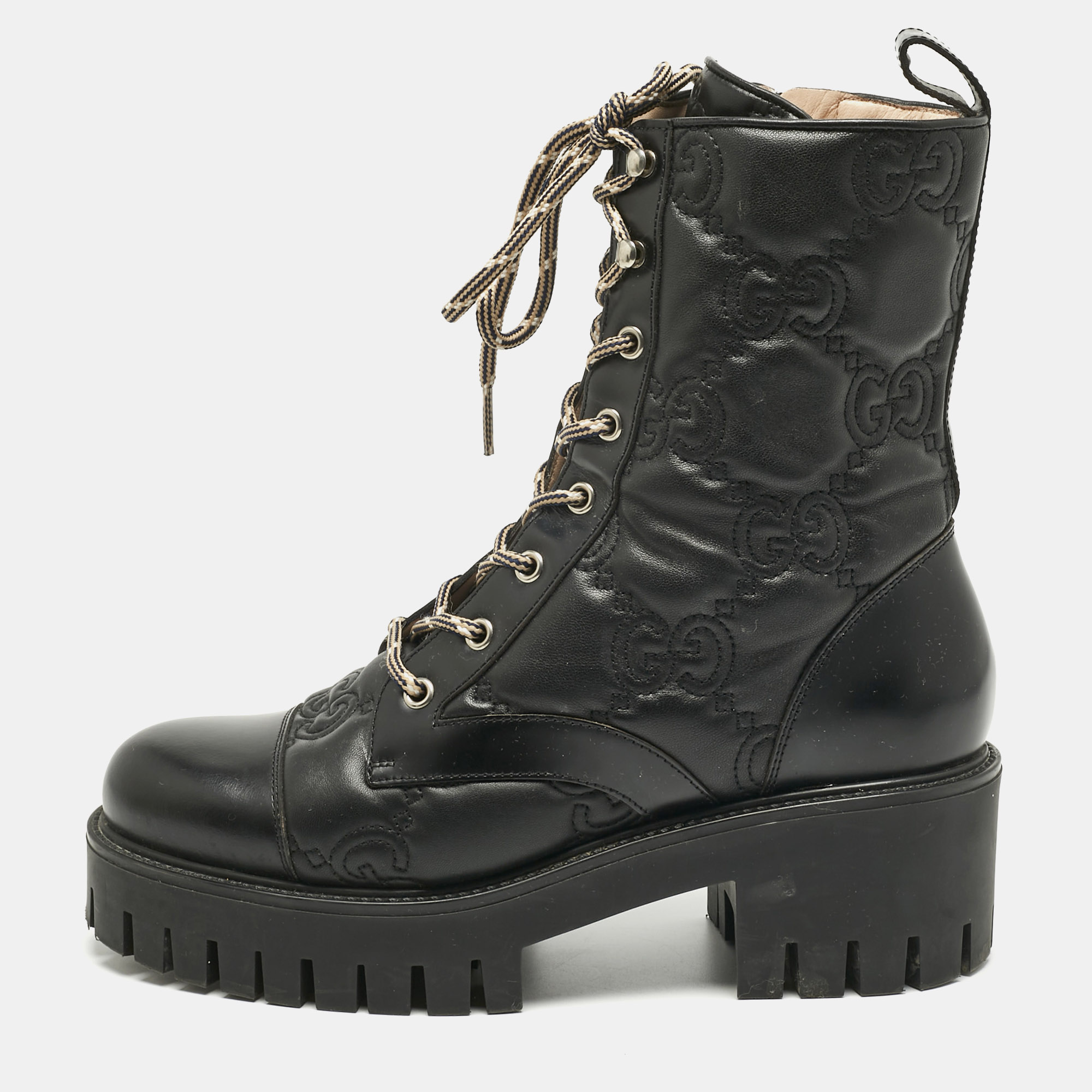 

Gucci Black Leather GG Combat Boots Size