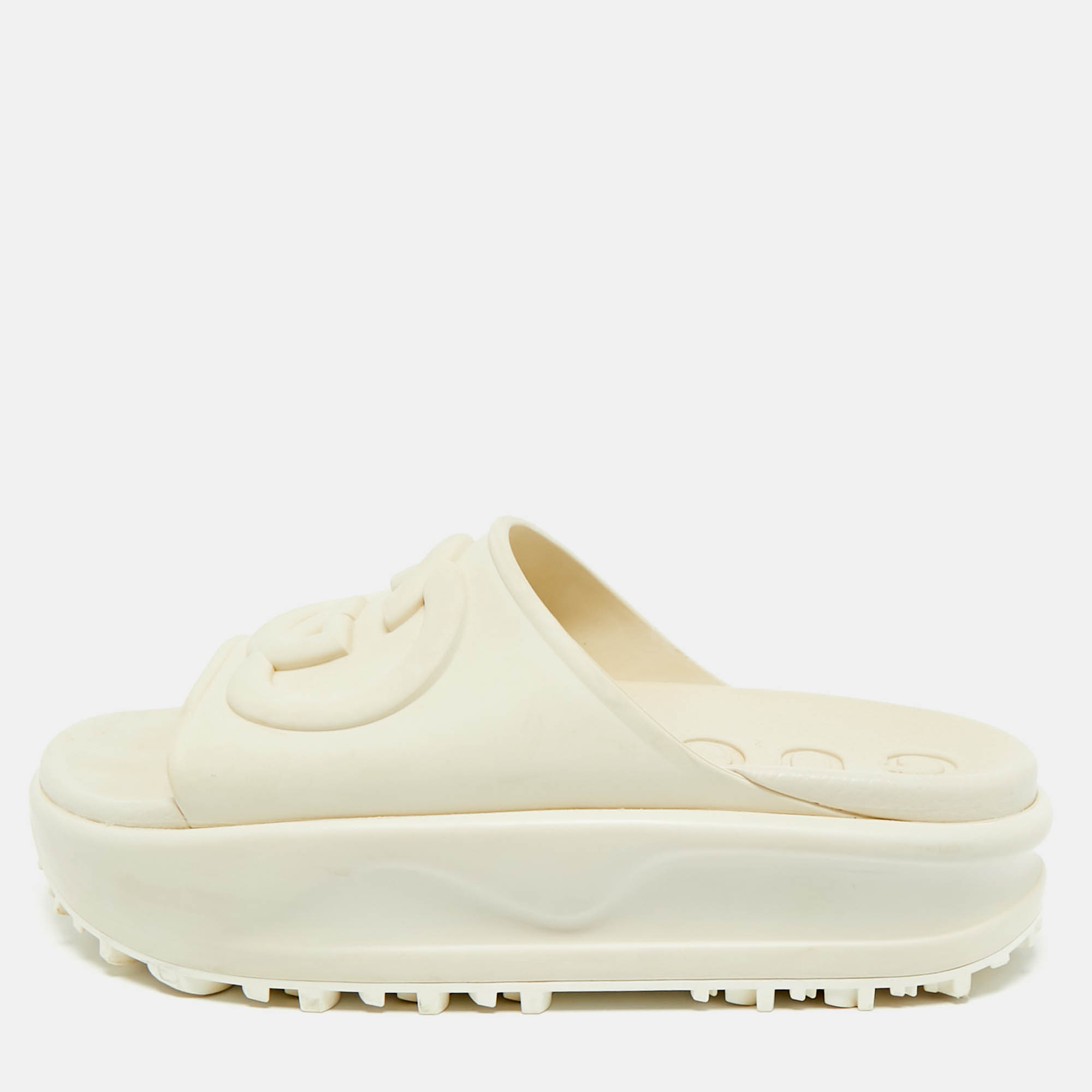 Pre-owned Gucci White Rubber Interlocking G Slide Sandals Size 37