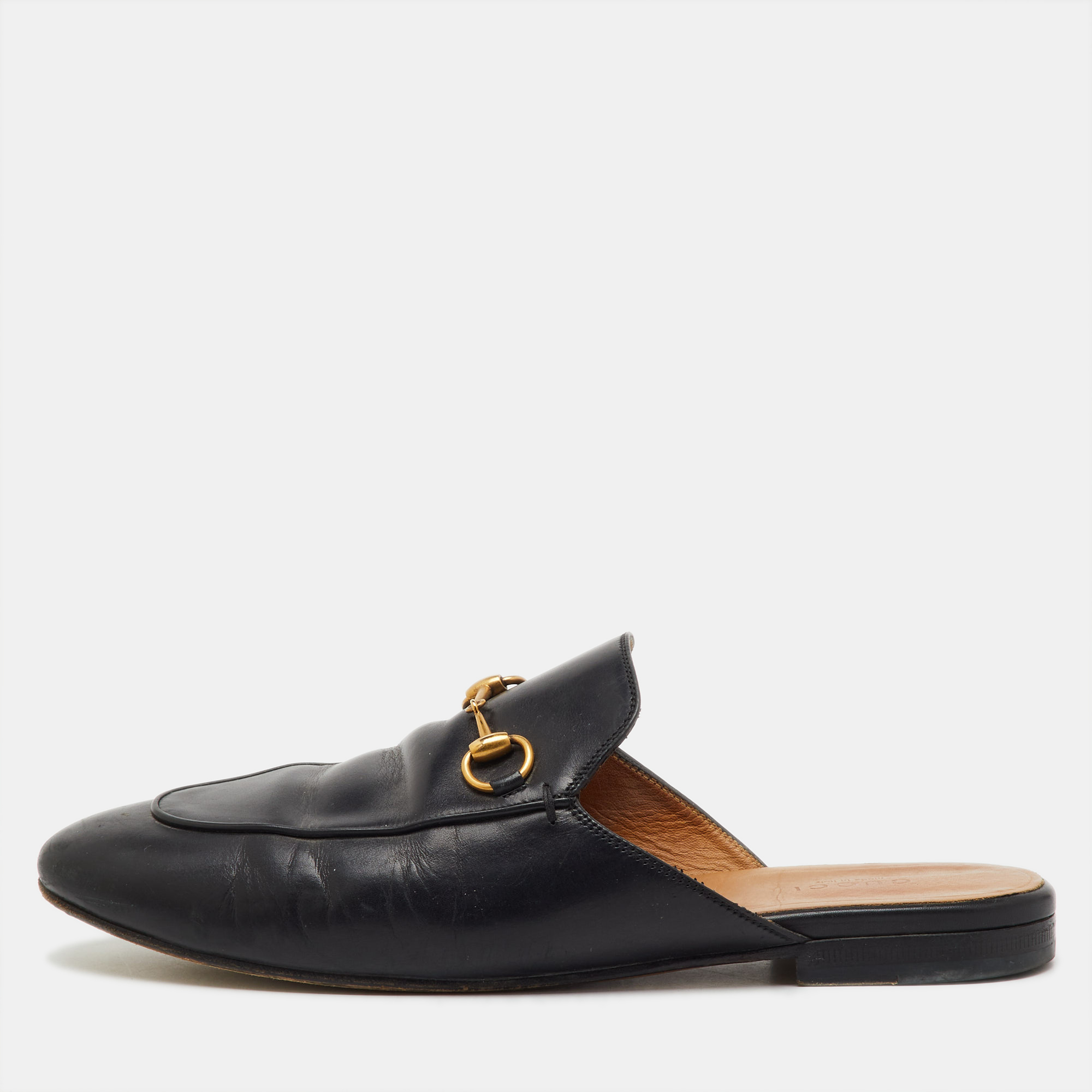 Gucci Black Leather Princetown Horsebit Flat Mules Size 39.5