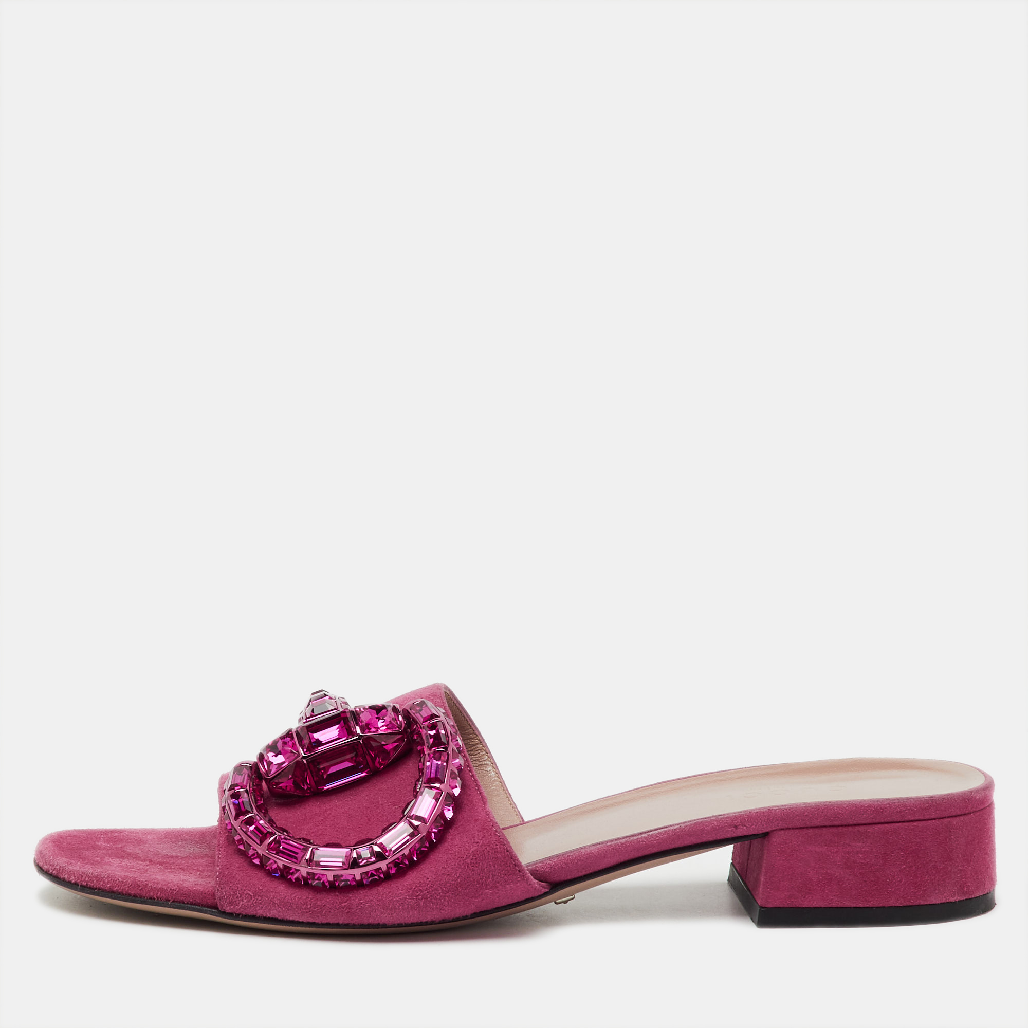 Gucci Pink Suede Crystal Maxime Horsebit Slide Sandals Size 37.5