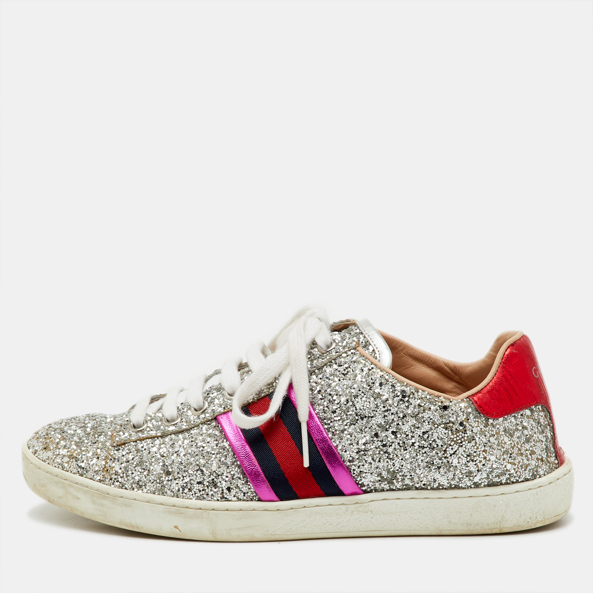 Gucci Silver Glitter And Leather Ace Low Top Sneakers Size 37