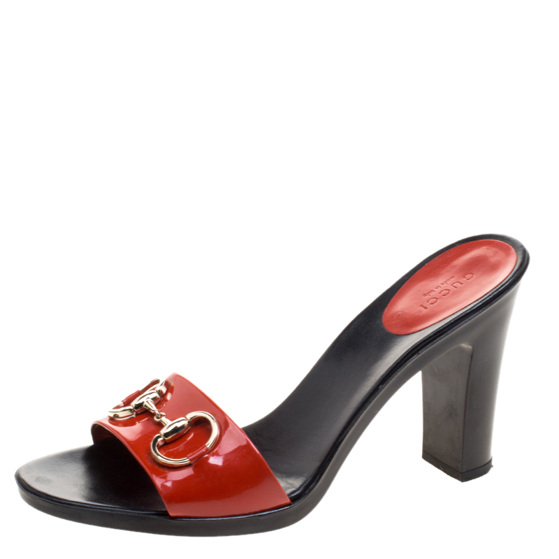 Gucci Red Patent Leather Horsebit Mules 