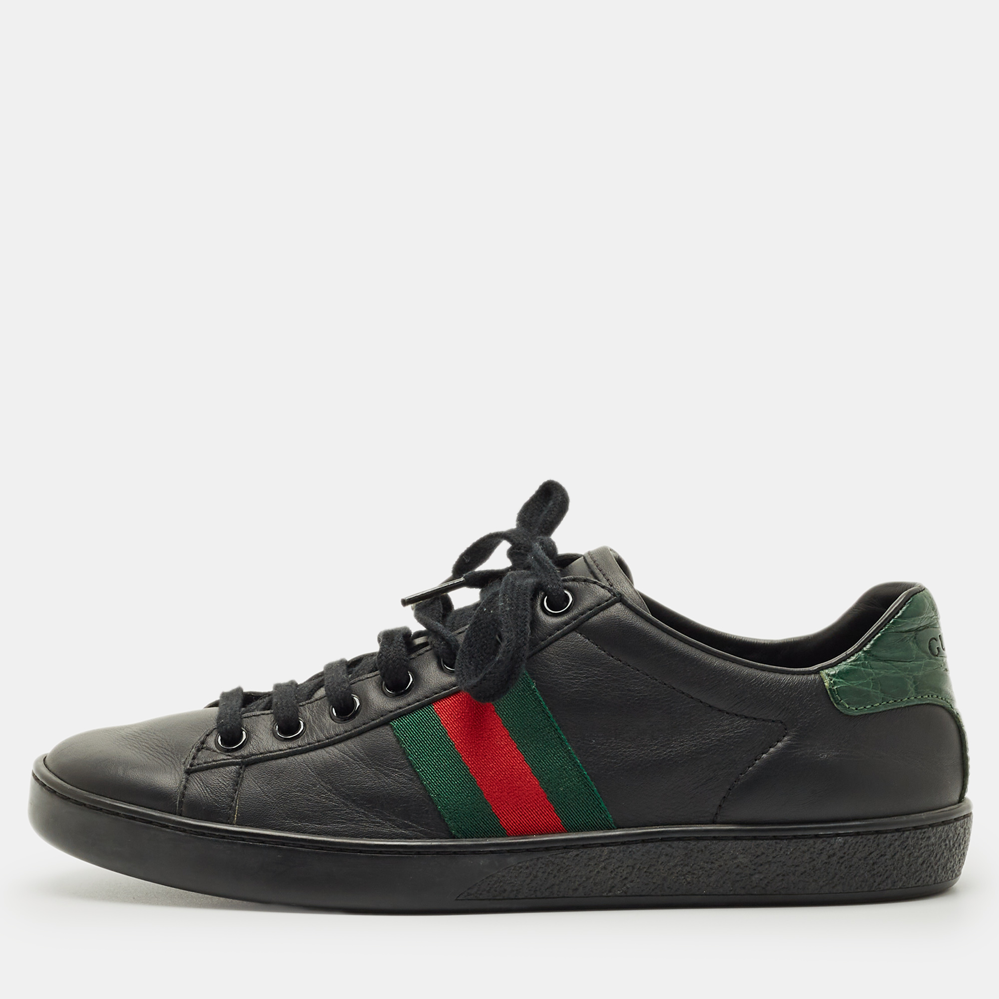 

Gucci Black Croc Embossed and Leather Web Ace Lace Up Sneakers Size