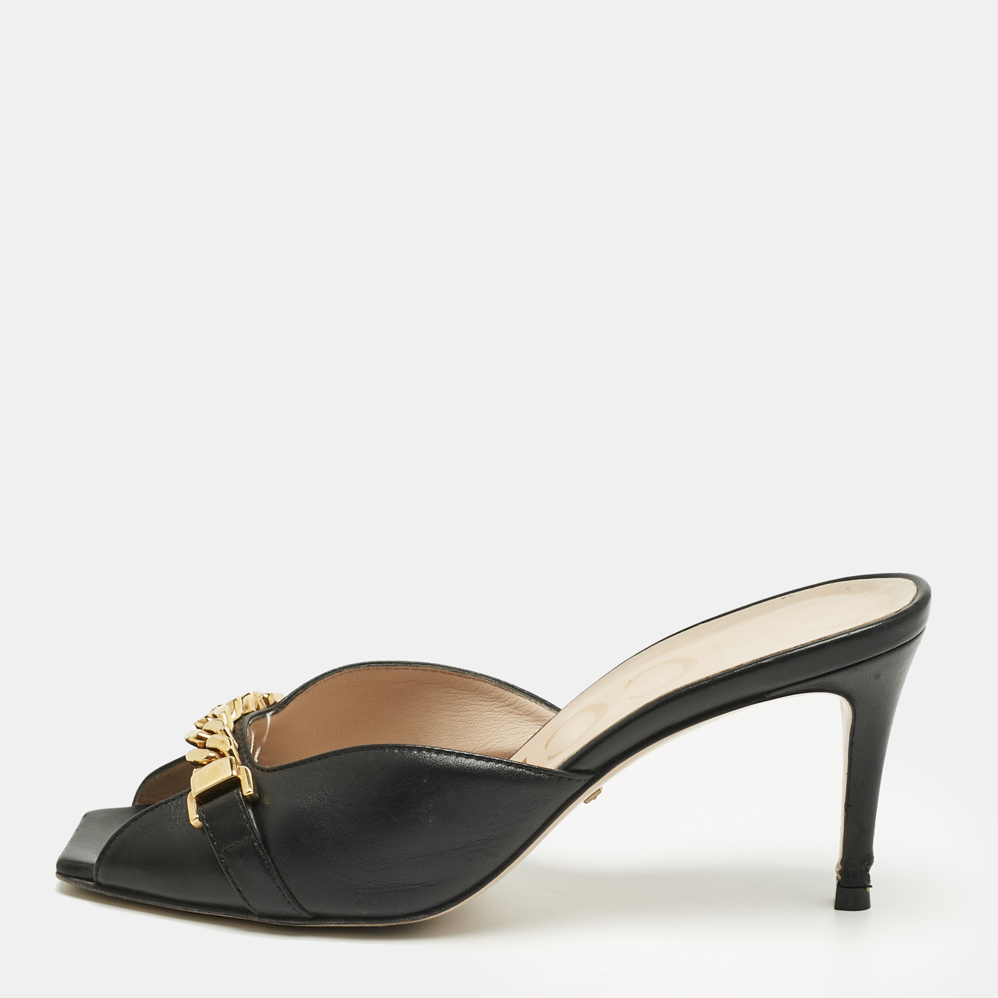 Pre-owned Gucci Black Leather Sylvie Chain Slide Sandals Size 36