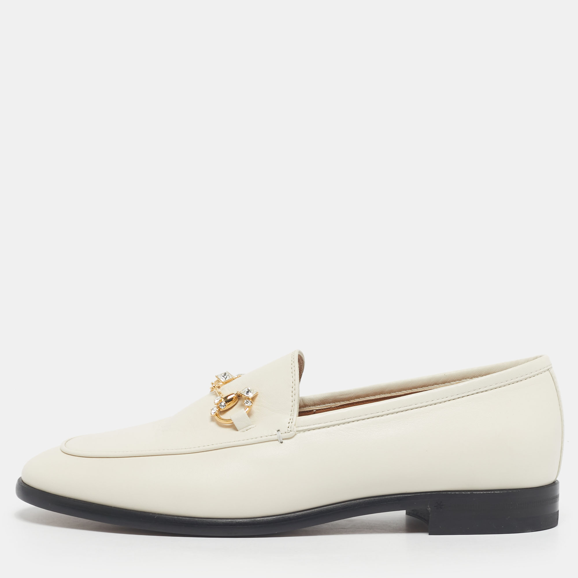 Gucci Cream Leather Crystal Embellished Jordaan Loafers Size 38.5