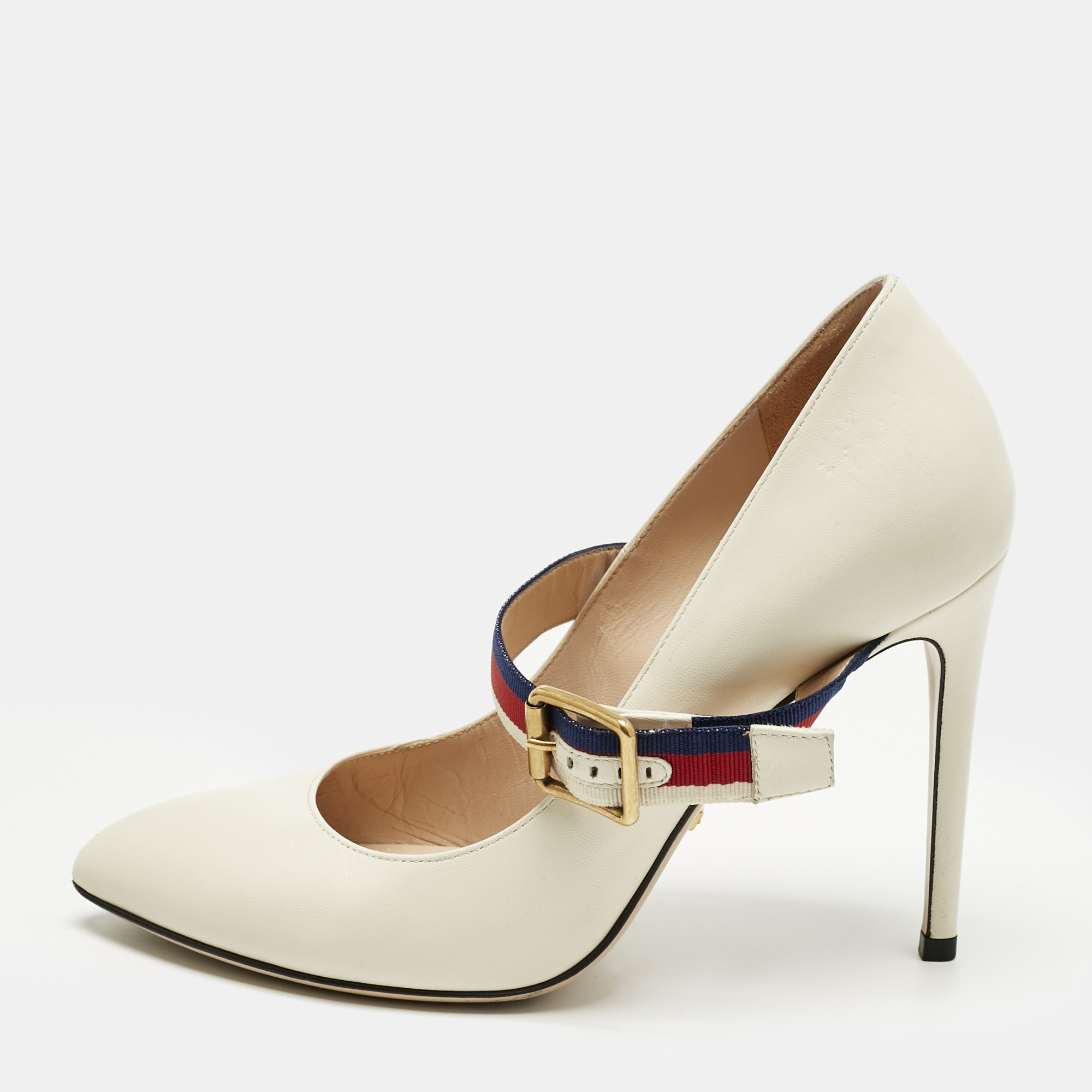 Pre-owned Gucci Cream Leather Sylvie Mary Jane Pumps Size 37.5 In White