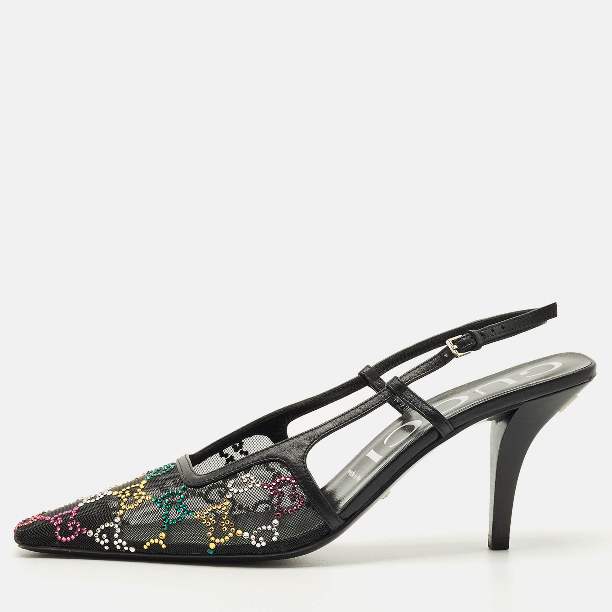 Pre-owned Gucci Multicolor Gg Crystal Mesh And Leather Slingback Pumps Size 39