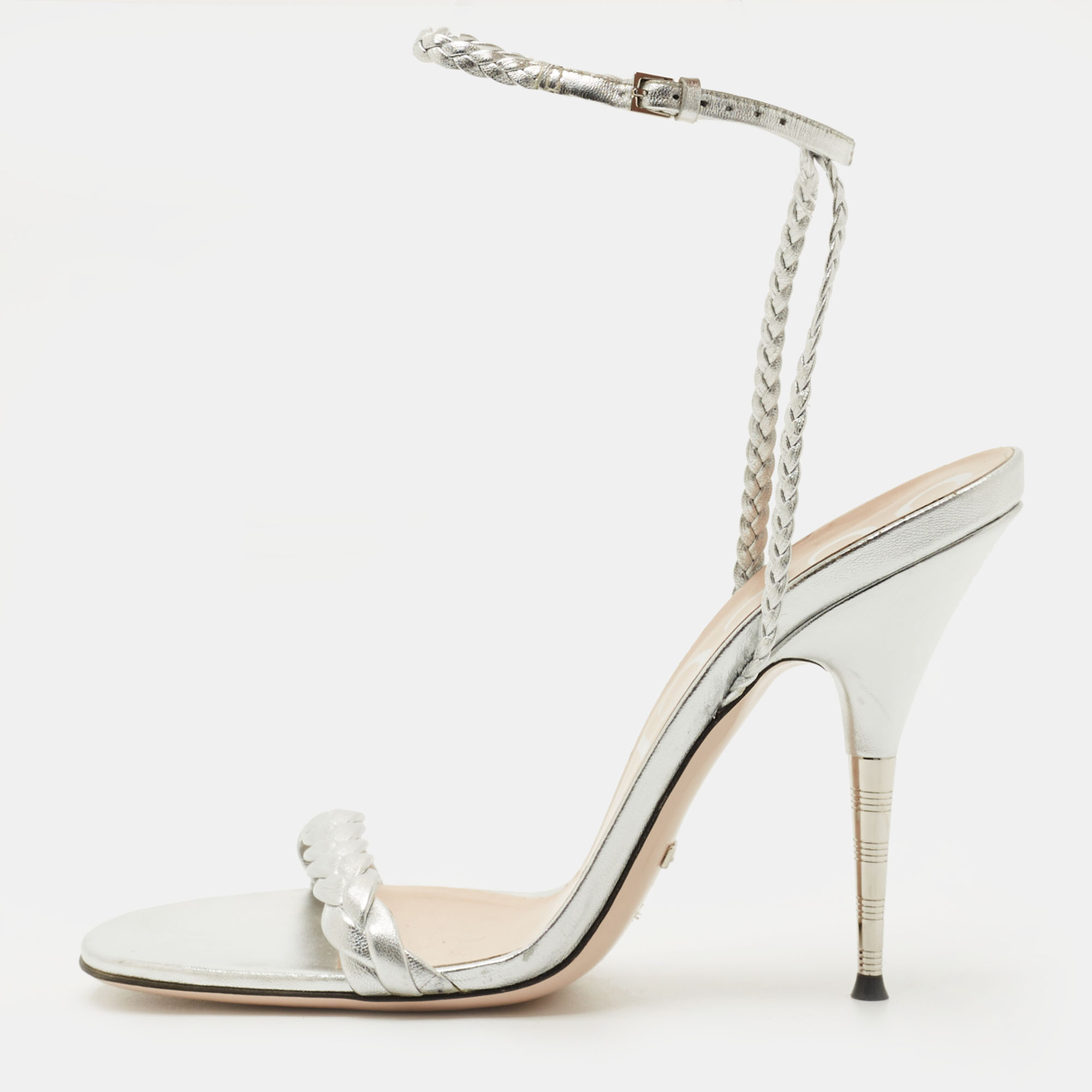 Gucci Silver Leather and Woven Leather Ankle Wrap Sandals Size 39.5