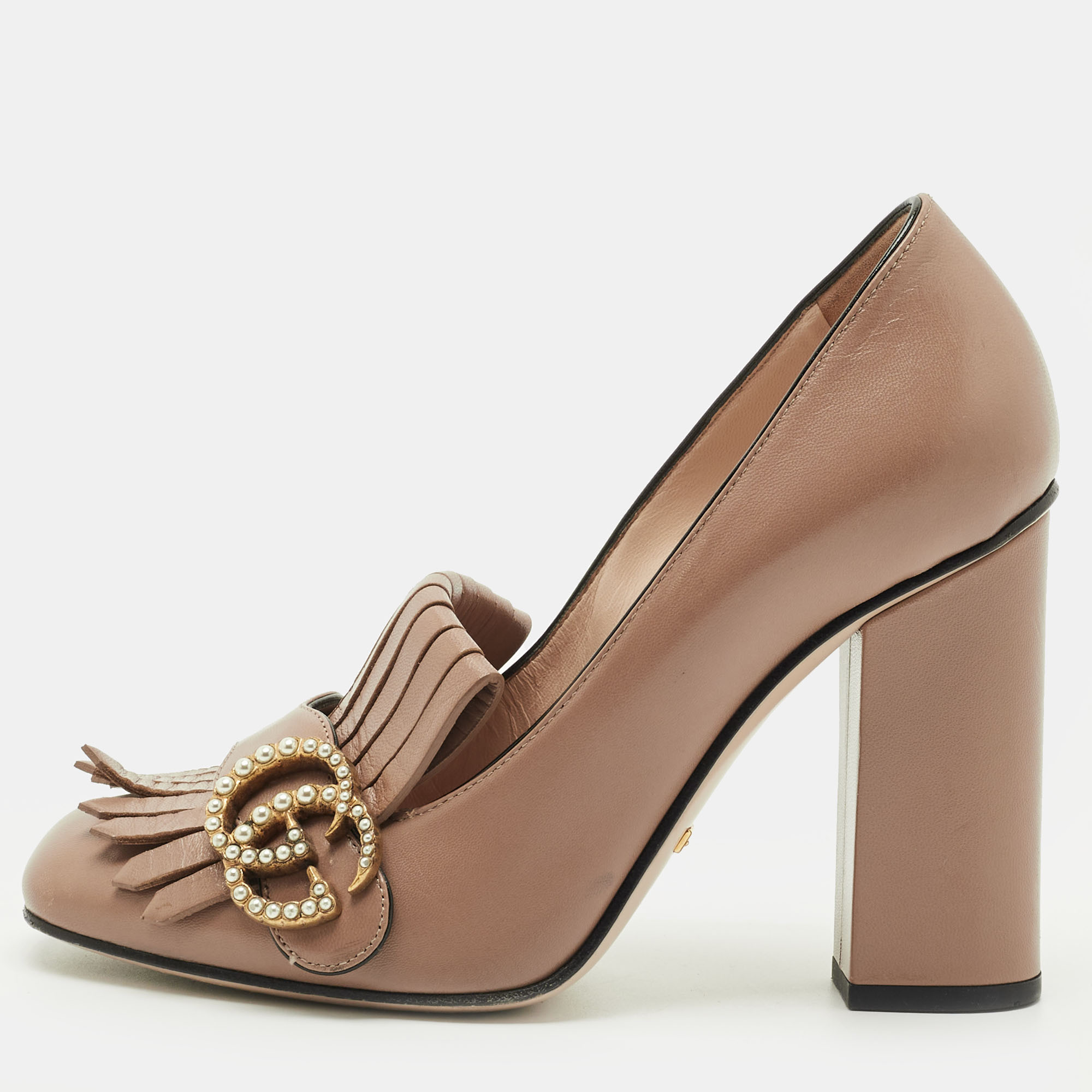 

Gucci Dark Beige Leather GG Marmont Fringe Pumps Size