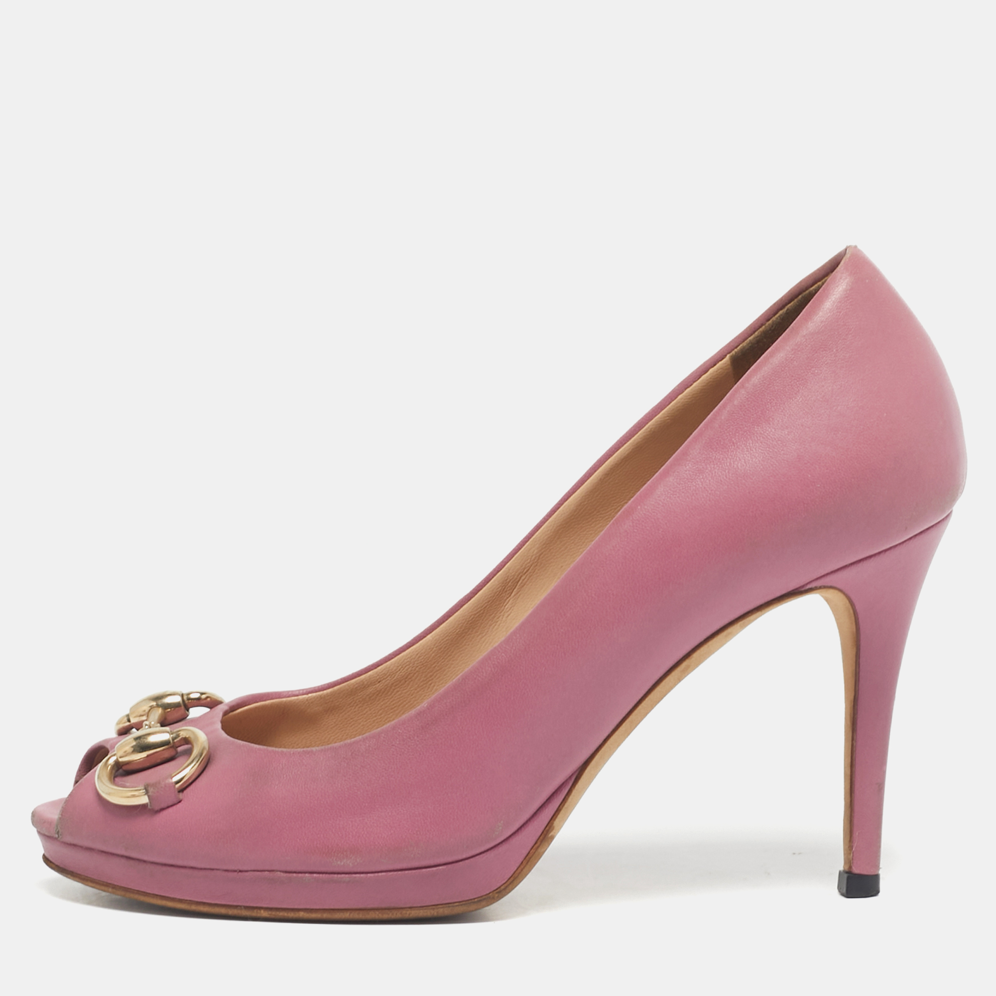 

Gucci Pink Leather Jolene Peep Toe Pumps Size