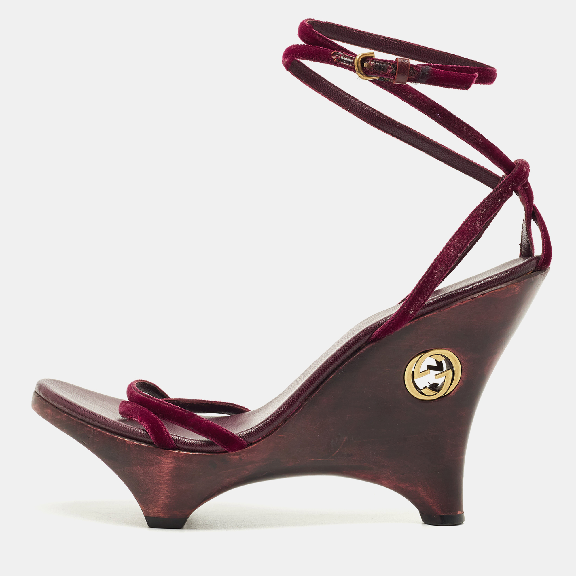 

Gucci Burgundy Velvet Ankle Strap Wedge Sandals Size 38
