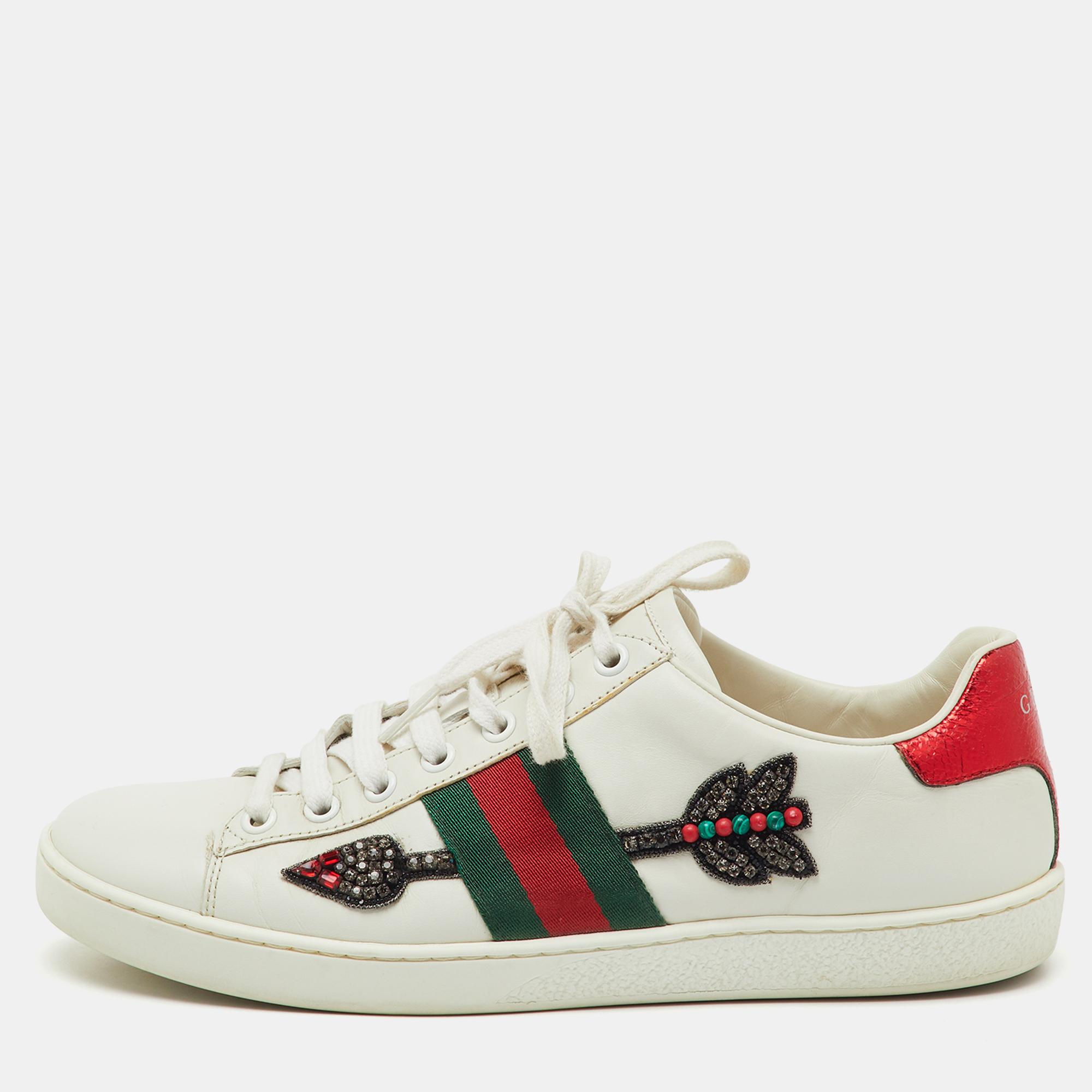 Gucci White Leather Crystal Embellished Arrow Ace Low Top Sneakers Size 38