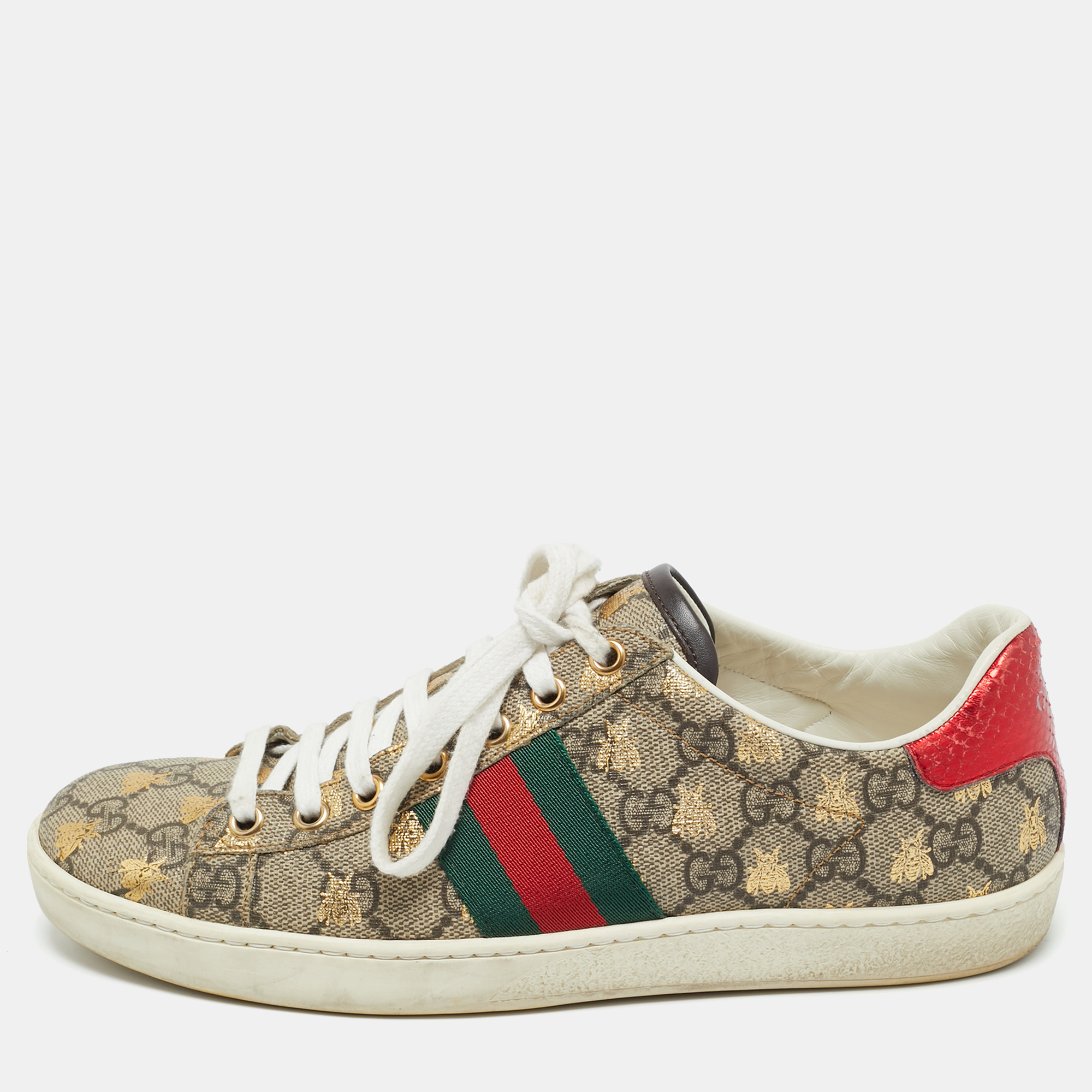

Gucci Beige Coated Canvas and Snakeskin Embossed Leather Ace Low Top Sneakers Size