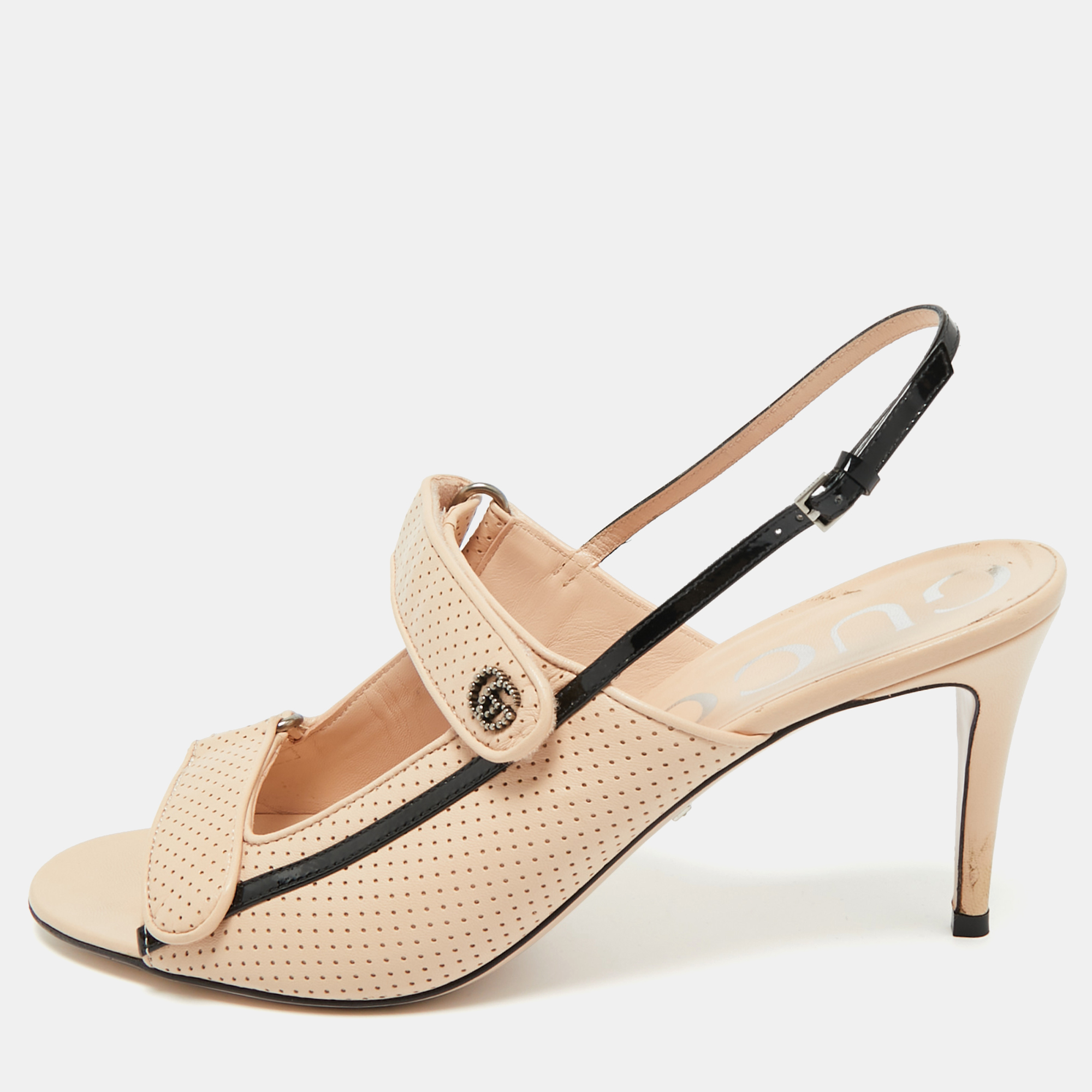 

Gucci Black/Beige Perforated Leather Slingback Sandals Size