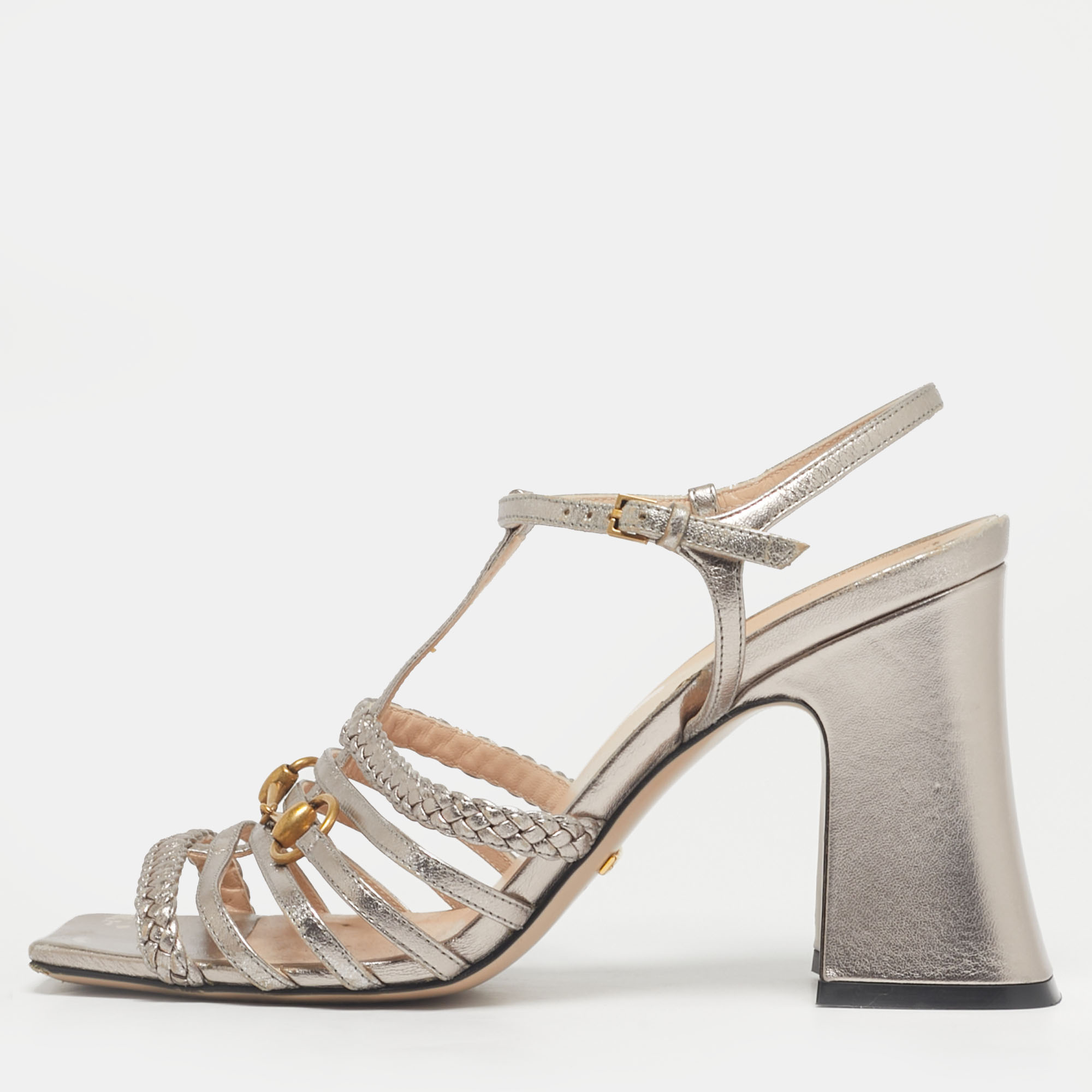 Pre-owned Gucci Rose Gold Leather Horsebit Ankle Strap Sandals Size 38
