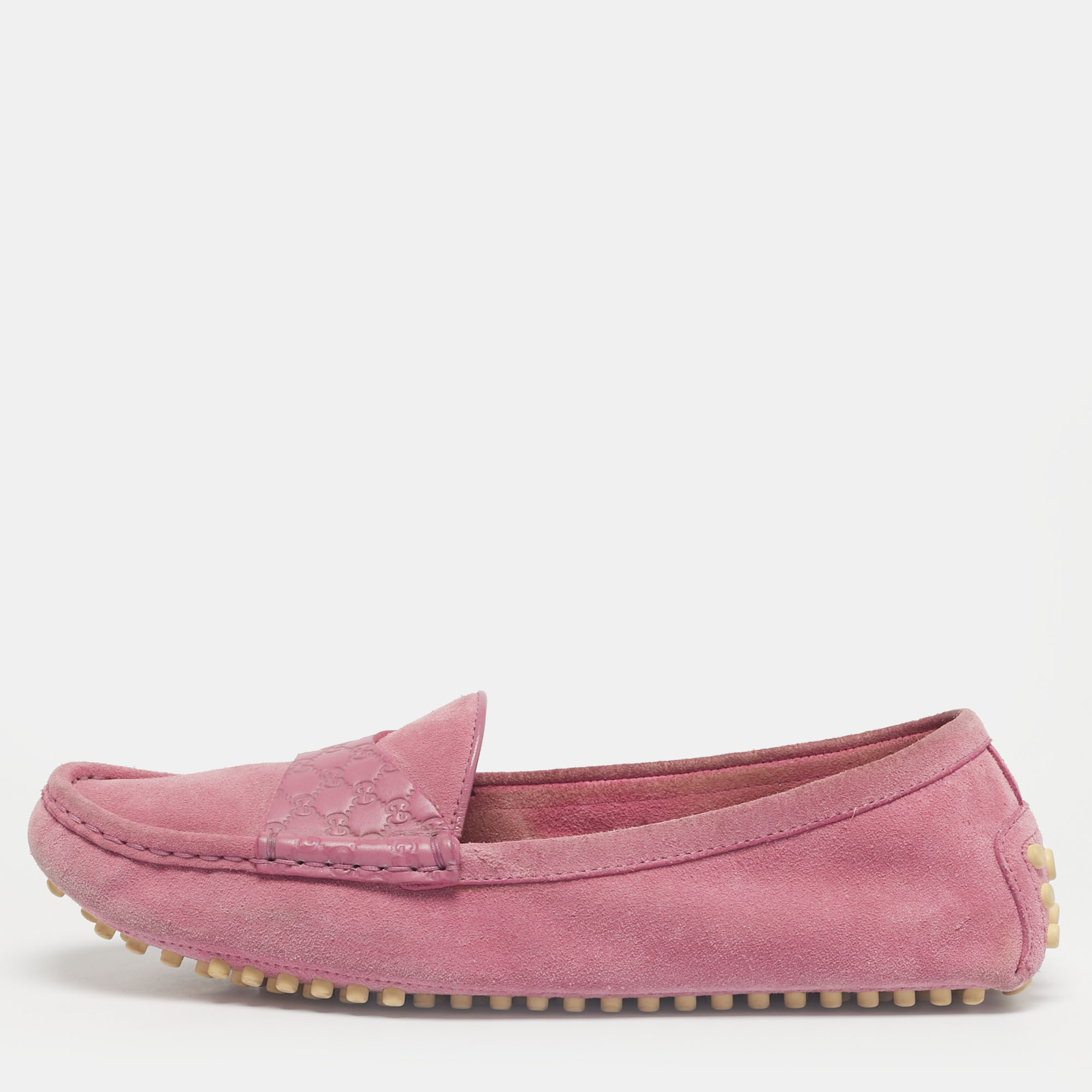 Pre-owned Gucci Pink Leather And Suede Microssima Loafers Size 38.5