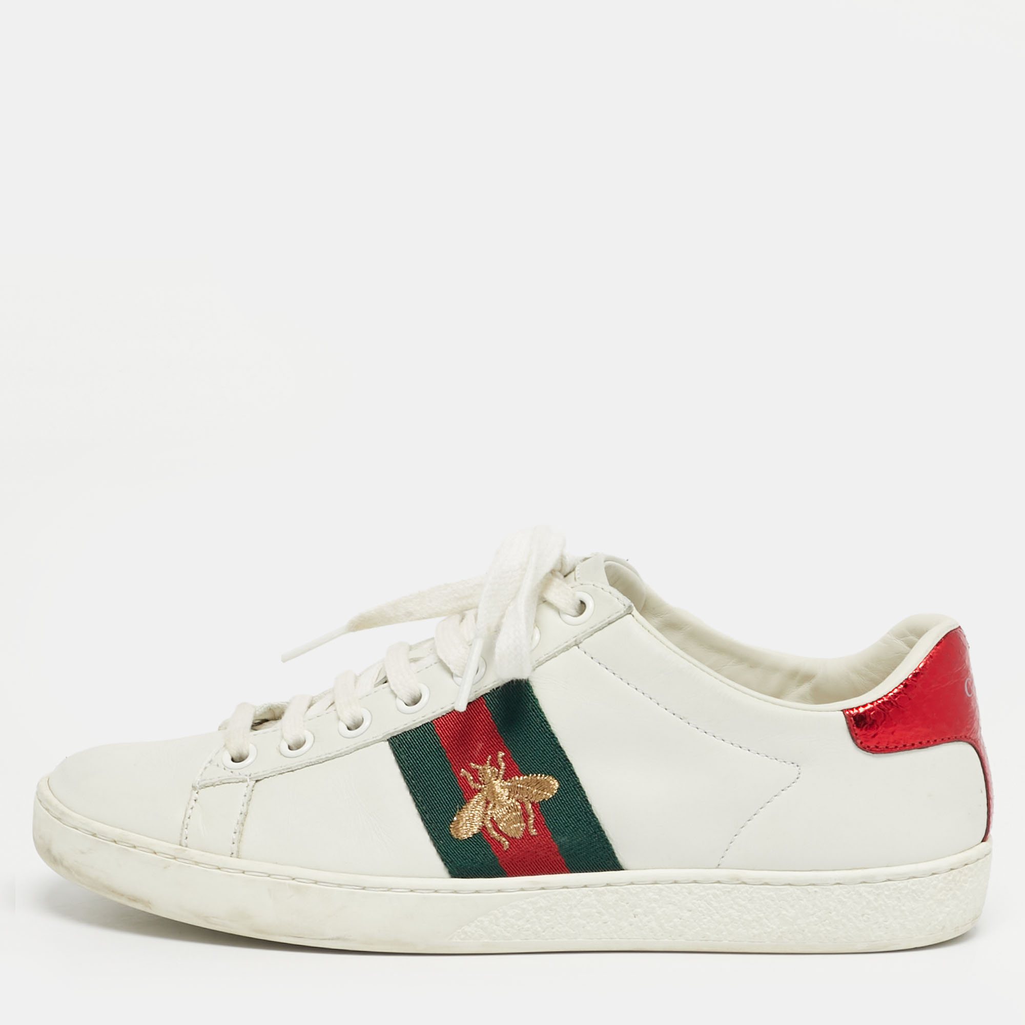 

Gucci White Snakeskin Embossed and Leather Ace Lace Up Sneakers Size