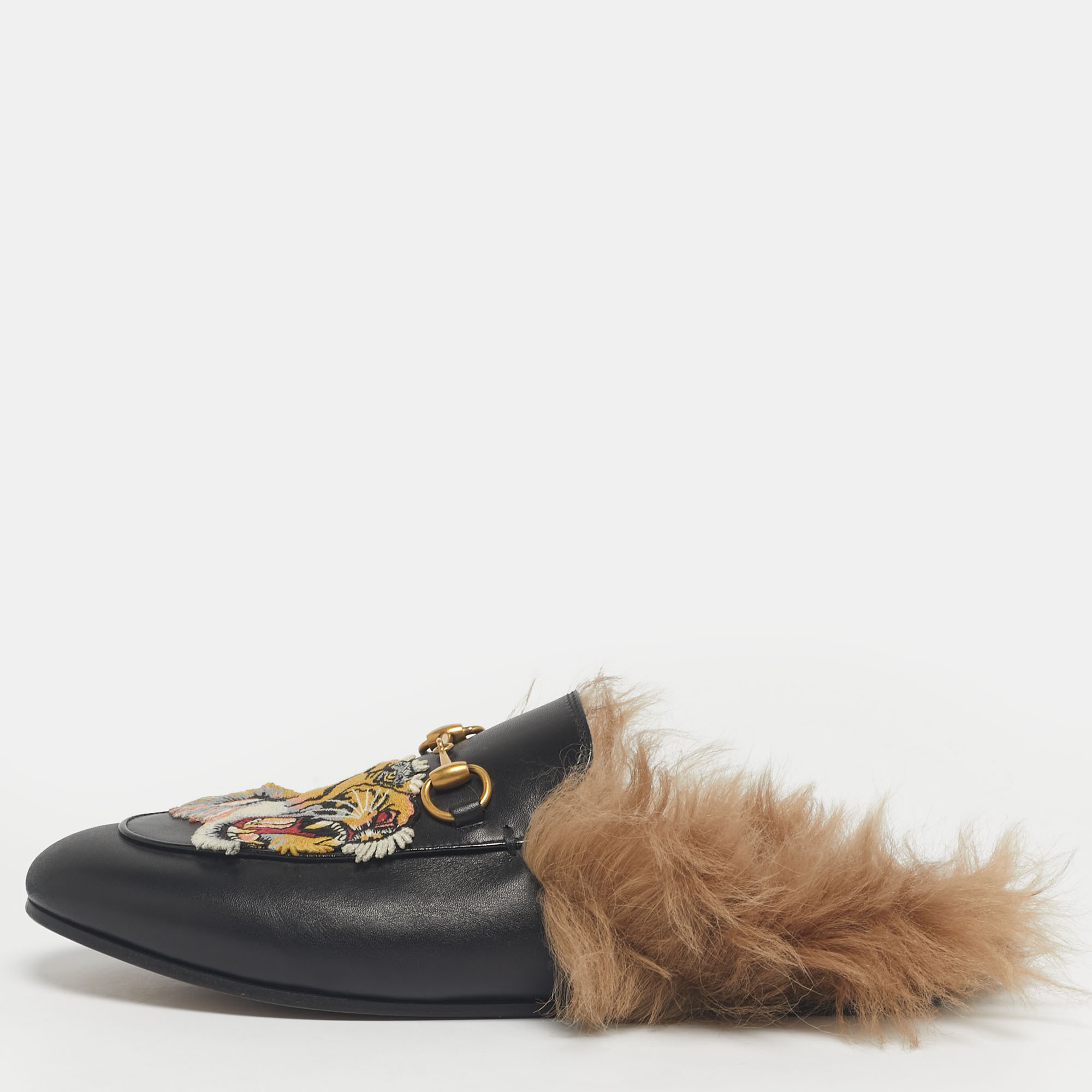 

Gucci Black Leather and Fur Tiger Patch Princetown Flat Mules Size