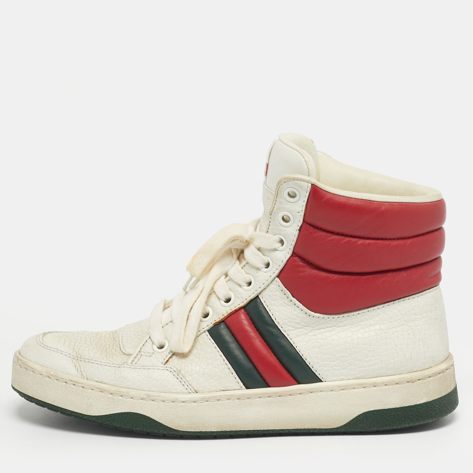 

Gucci White/Red Leather New Praga Karibu Web High Top Sneakers Size