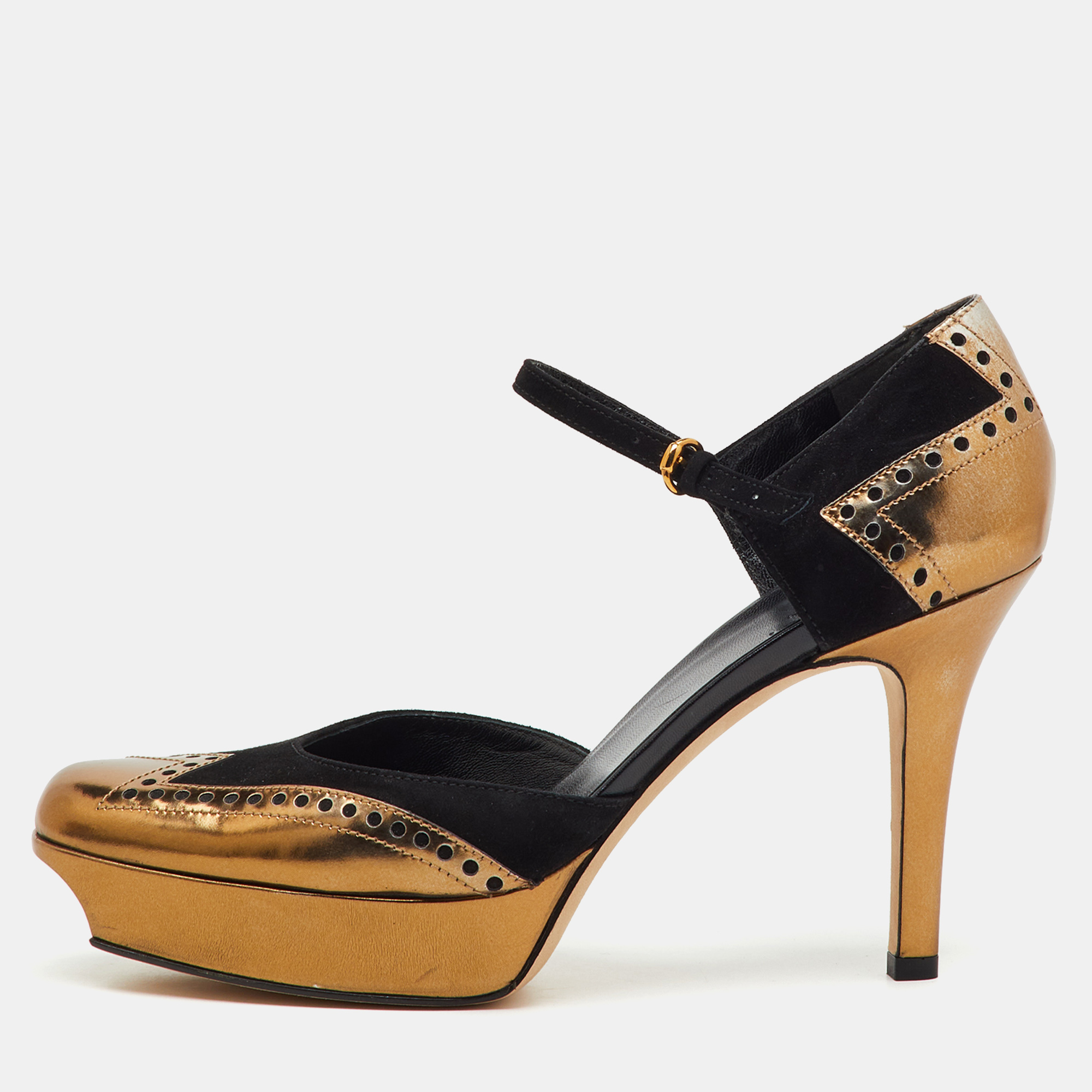 Pre-owned Gucci Black/gold Suede And Patent Leather Ankle Strap Platform Pumps Size 40