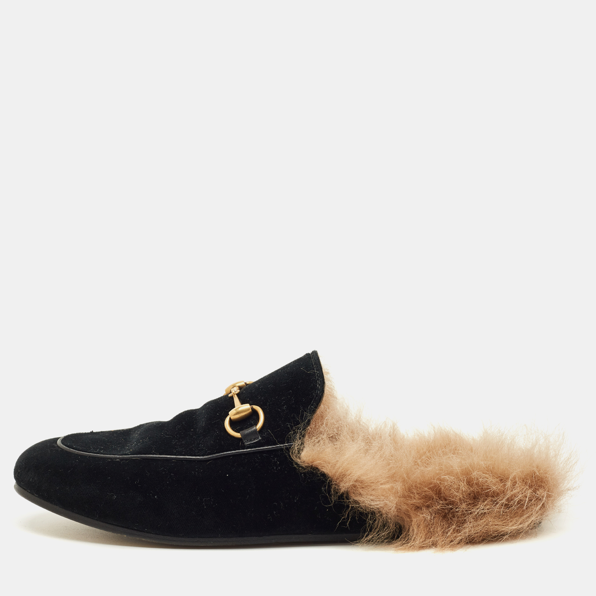 

Gucci Black Velvet and Fur Lined Horsebit Princetown Flat Mules Size