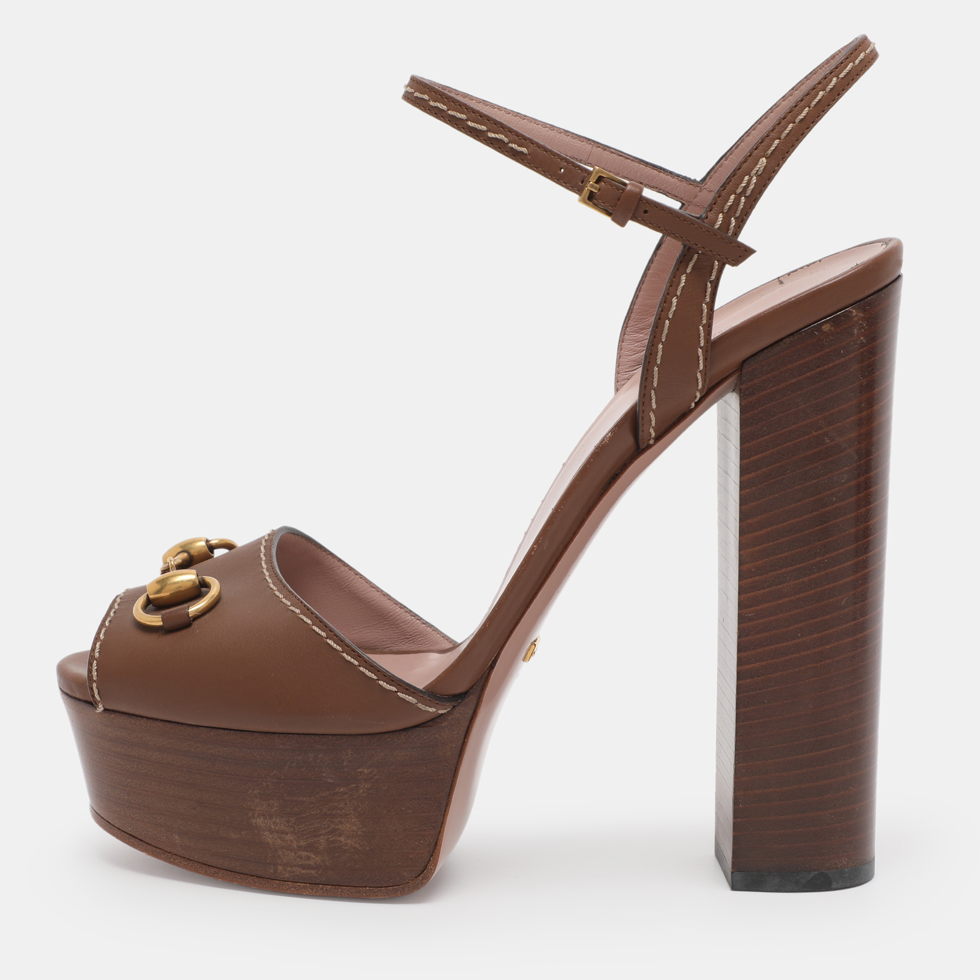 

Gucci Brown Leather Claudie Peep Toe Platform Sandals Size