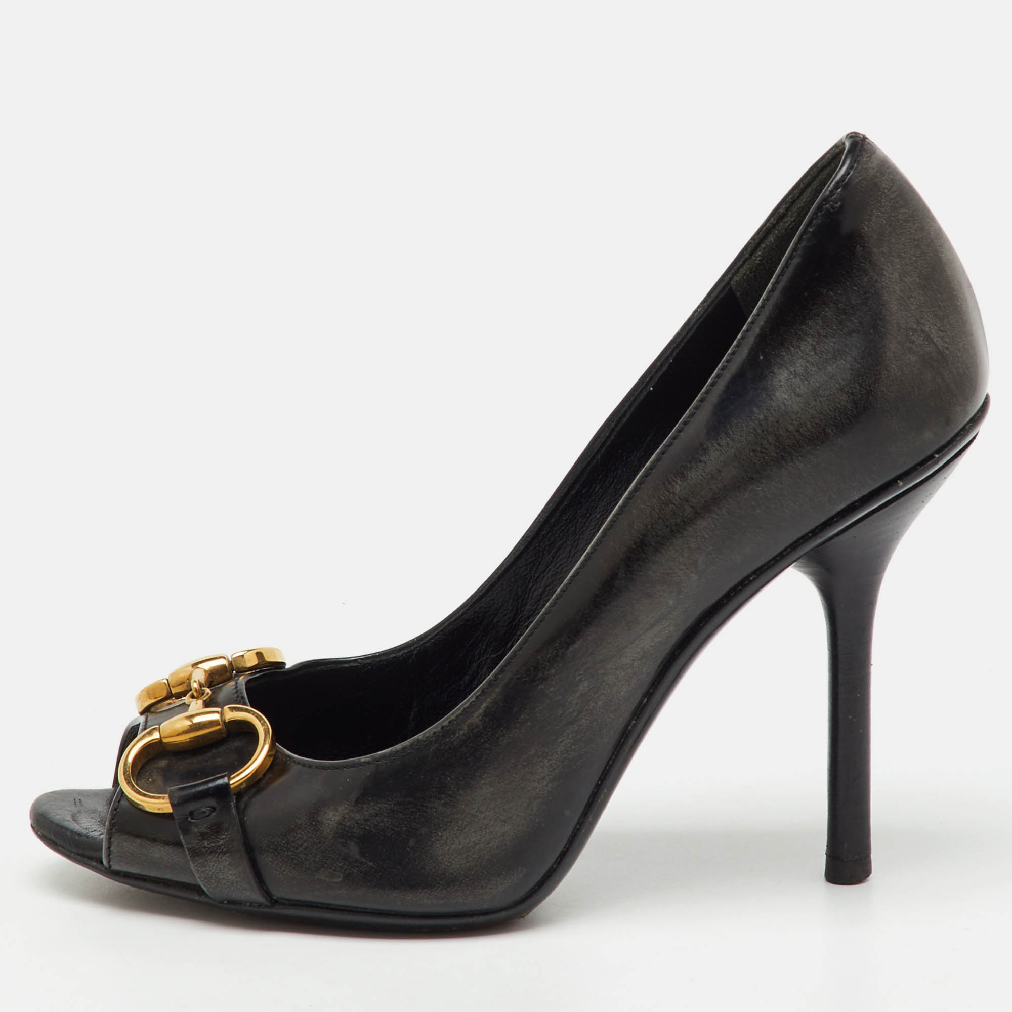 Pre-owned Gucci Black Leather Horsebit Peep Toe Pumps Size 35.5