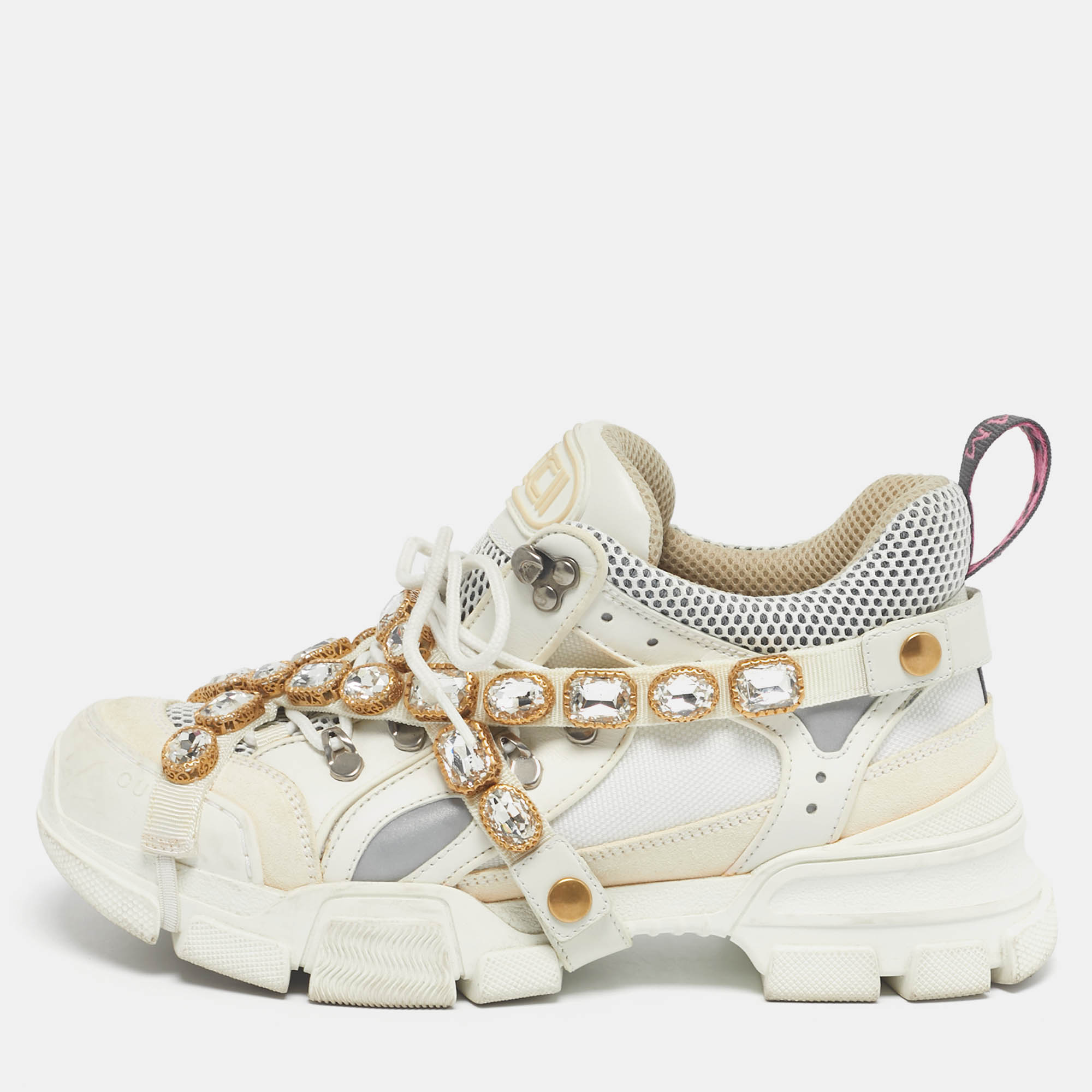 Pre-owned Gucci White Knit Fabric And Leather Flashtrek Lace Up Sneakers Size 40