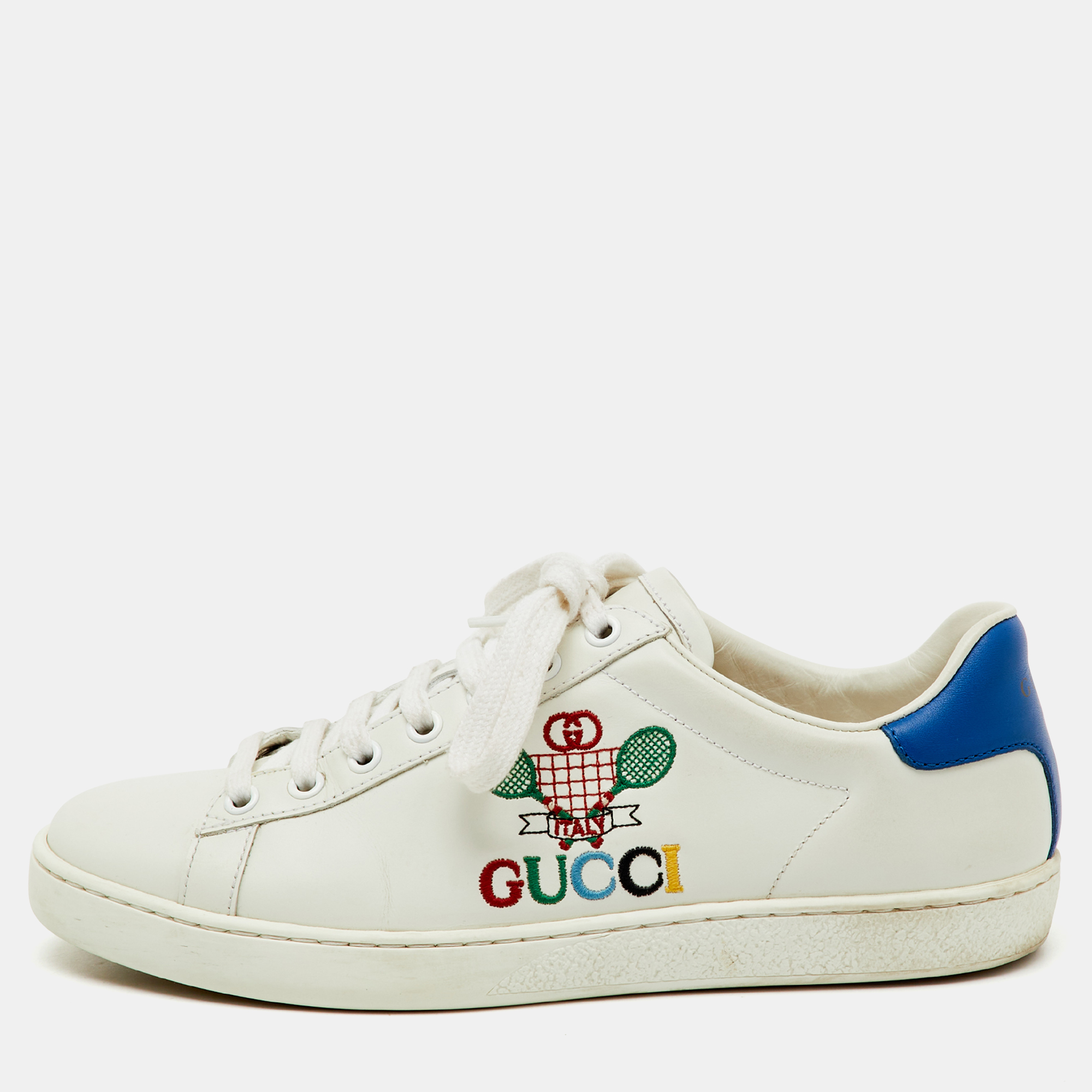 

Gucci White/Blue Leather Ace Tennis Embroidered Low Top Sneakers Size