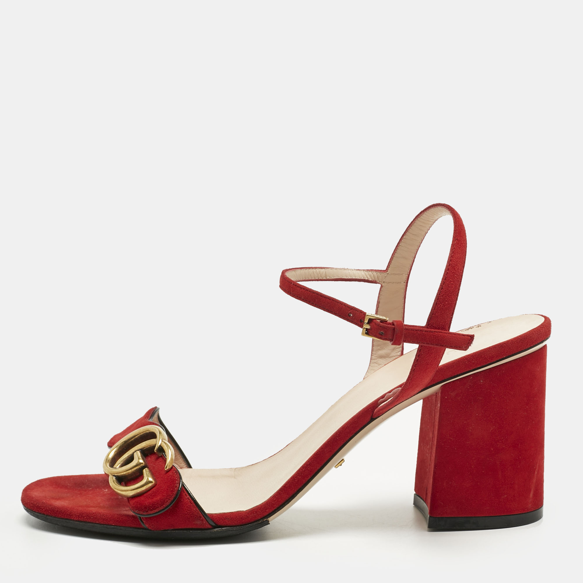 Pre-owned Gucci Red Suede Gg Logo Ankle Strap Sandals Size 39
