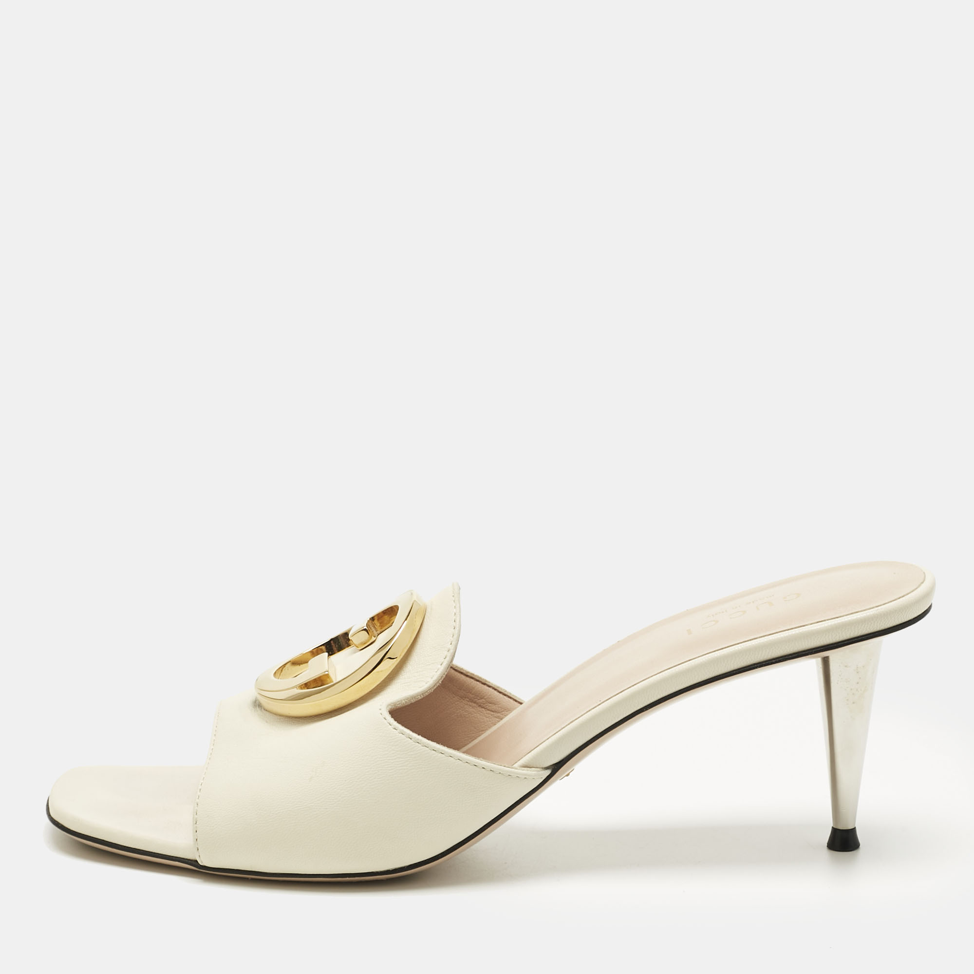 Pre-owned Gucci Off White Leather Blondie Slide Sandals Size 37.5