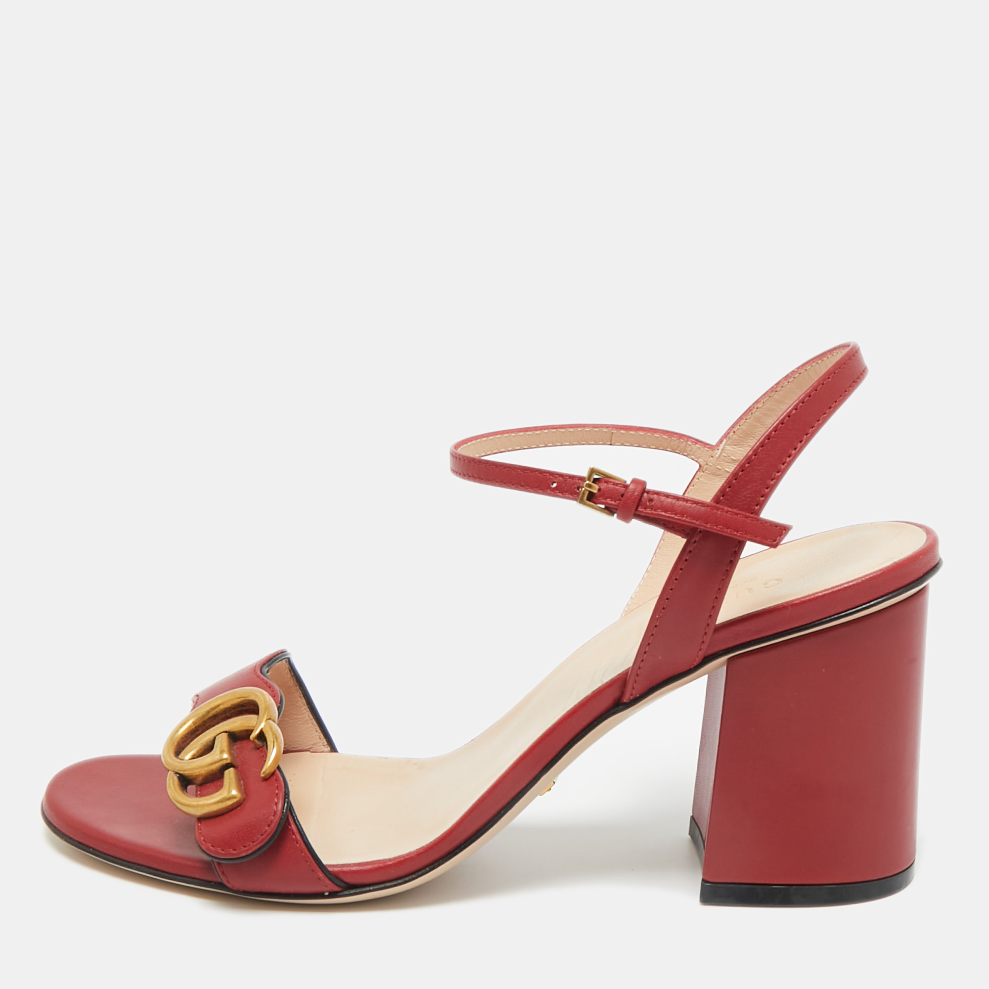 Pre-owned Gucci Red Leather Gg Marmont Ankle Strap Sandals Size 38