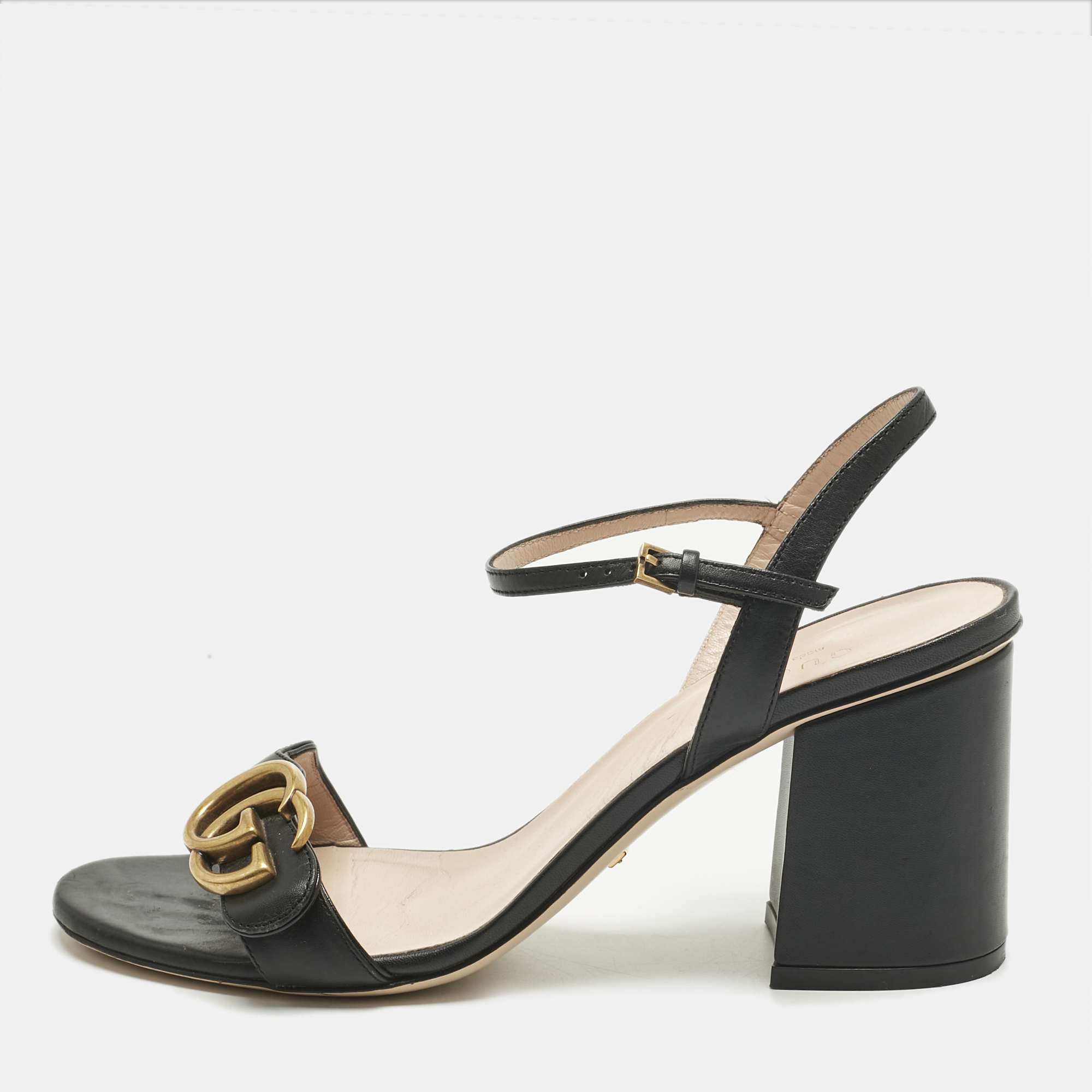 Pre-owned Gucci Black Leather Gg Marmont Ankle Strap Sandals 38