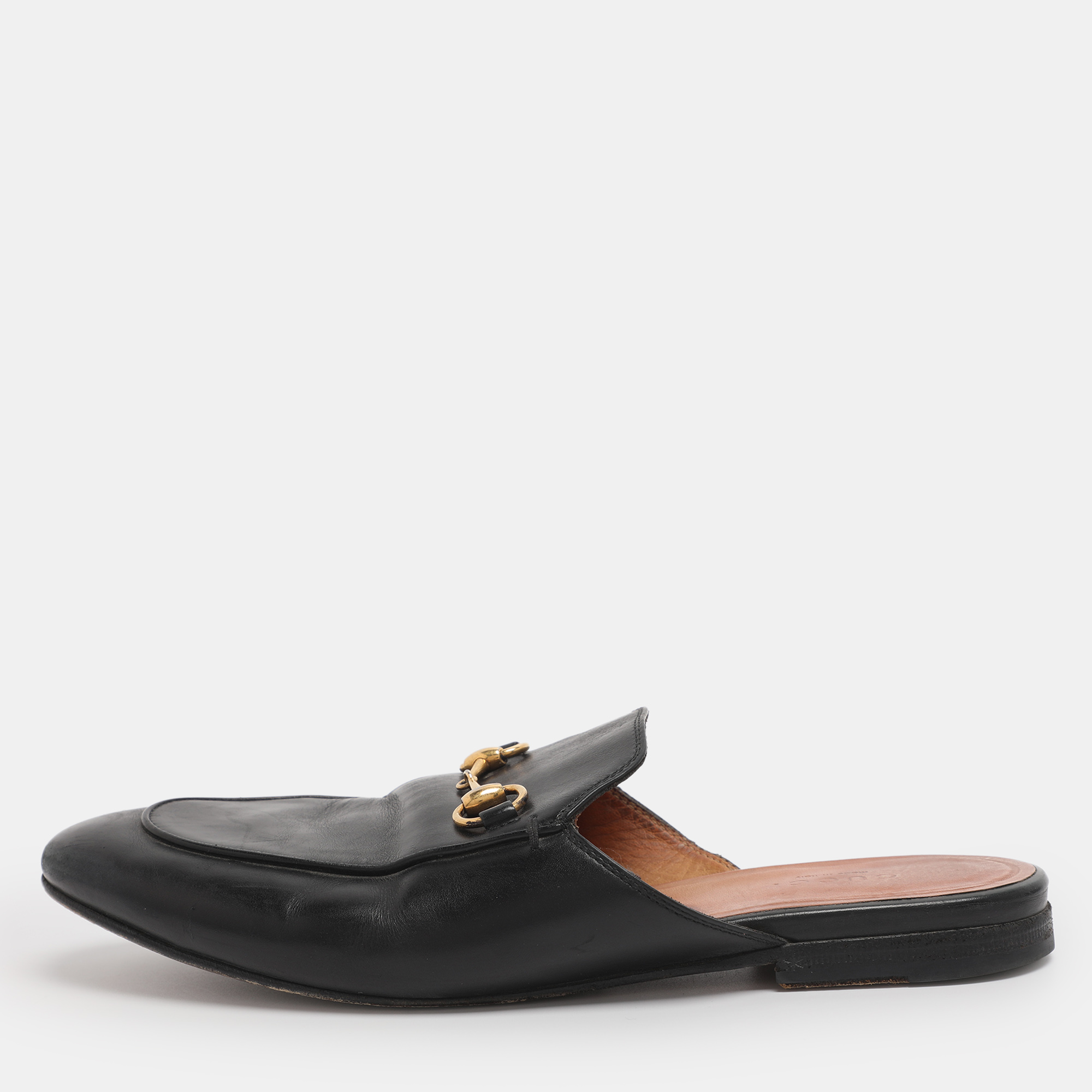 Pre-owned Gucci Black Leather Princetown Flat Mules Size 37.5
