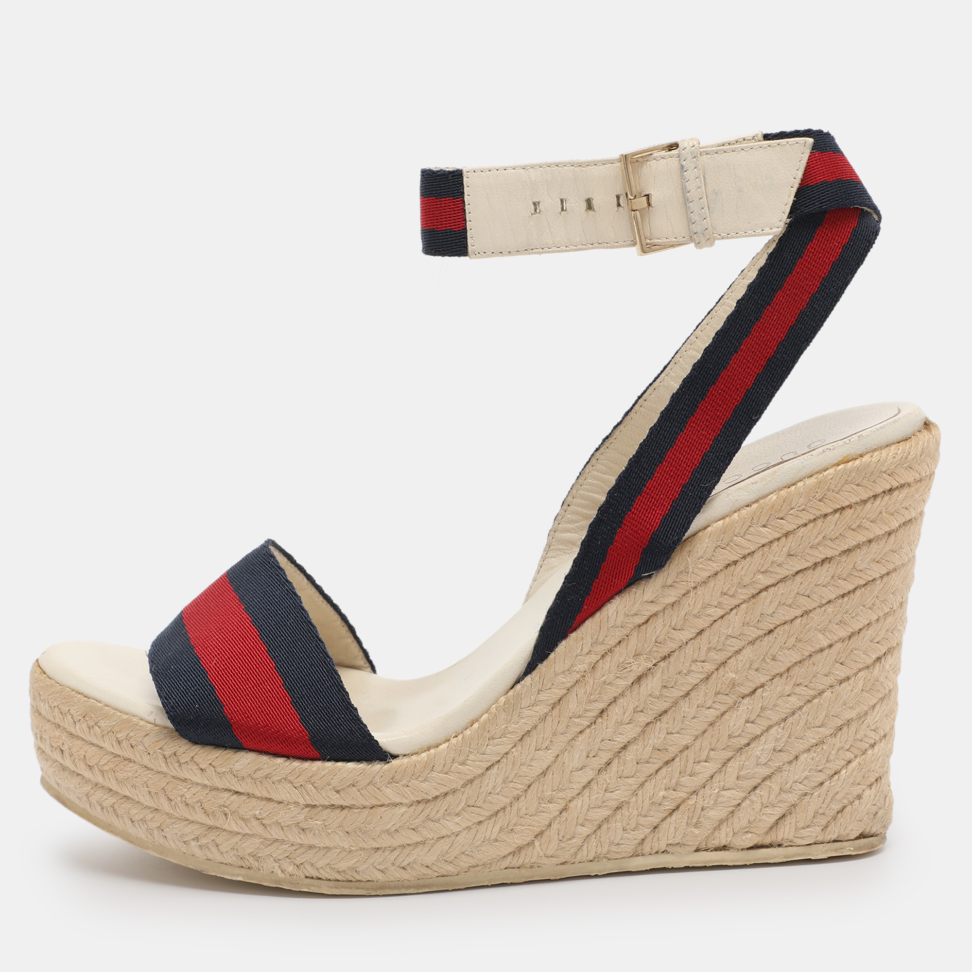 

Gucci Multicolor Web and Leather Espadrille Wedge Sandals Size