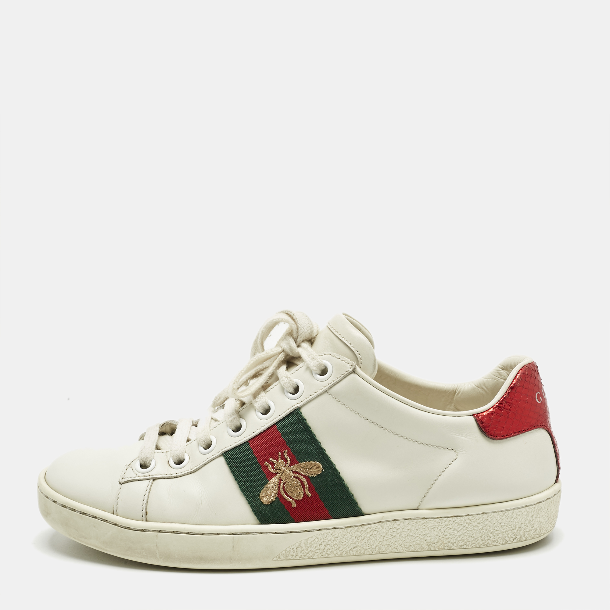 

Gucci White Leather and Snakeskin Embossed Leather Ace Lace Up Sneakers Size