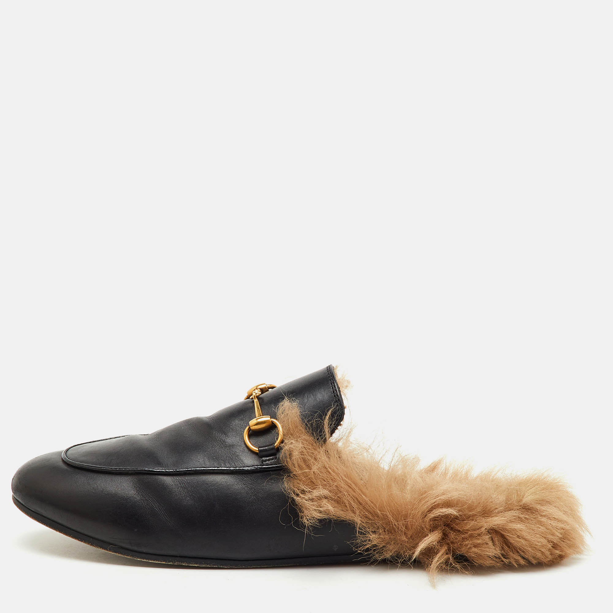 

Gucci Black Leather Fur Lined Princetown Horsebit Flat Mules Size
