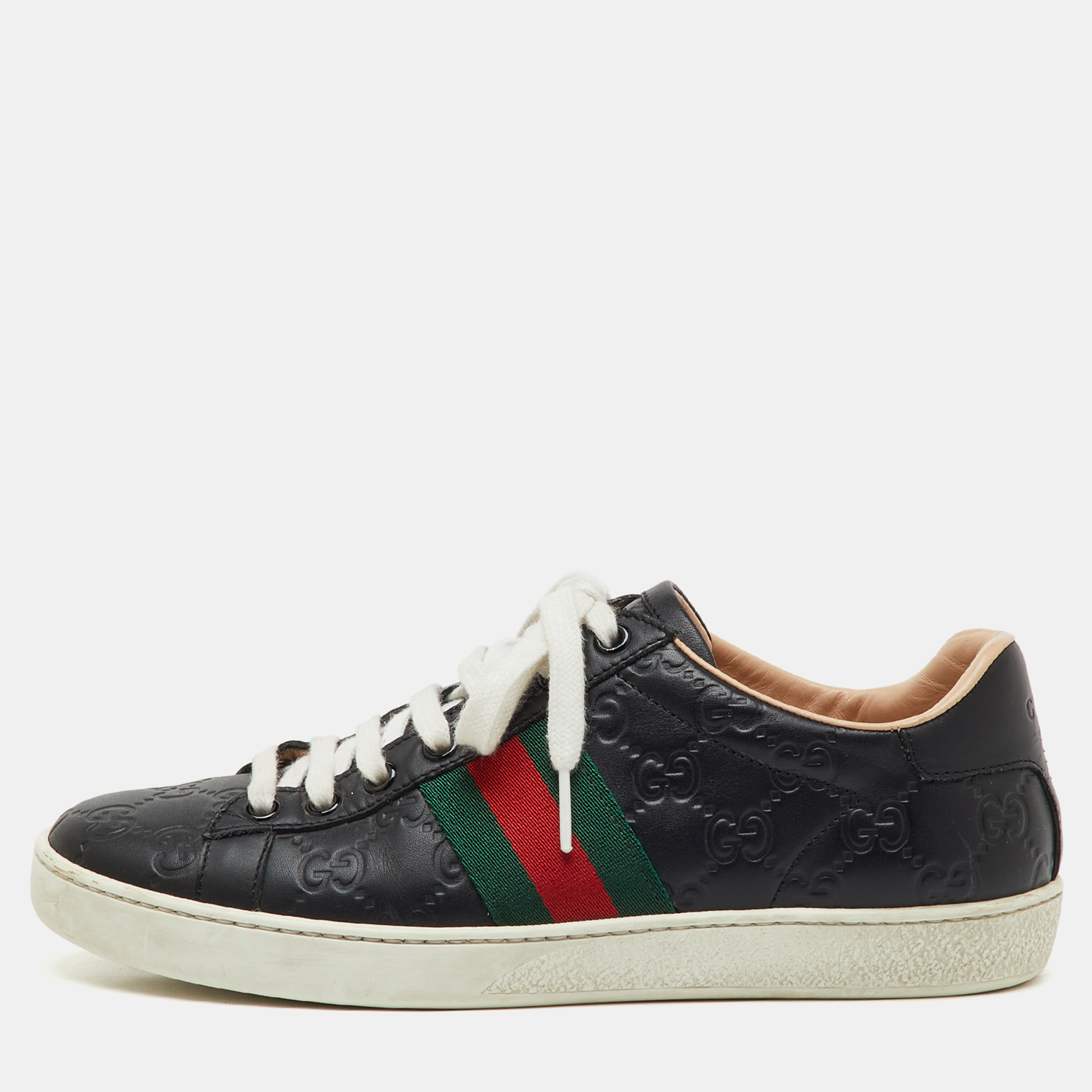 

Gucci Black Guccissima Leather Ace Low Top Sneakers Size