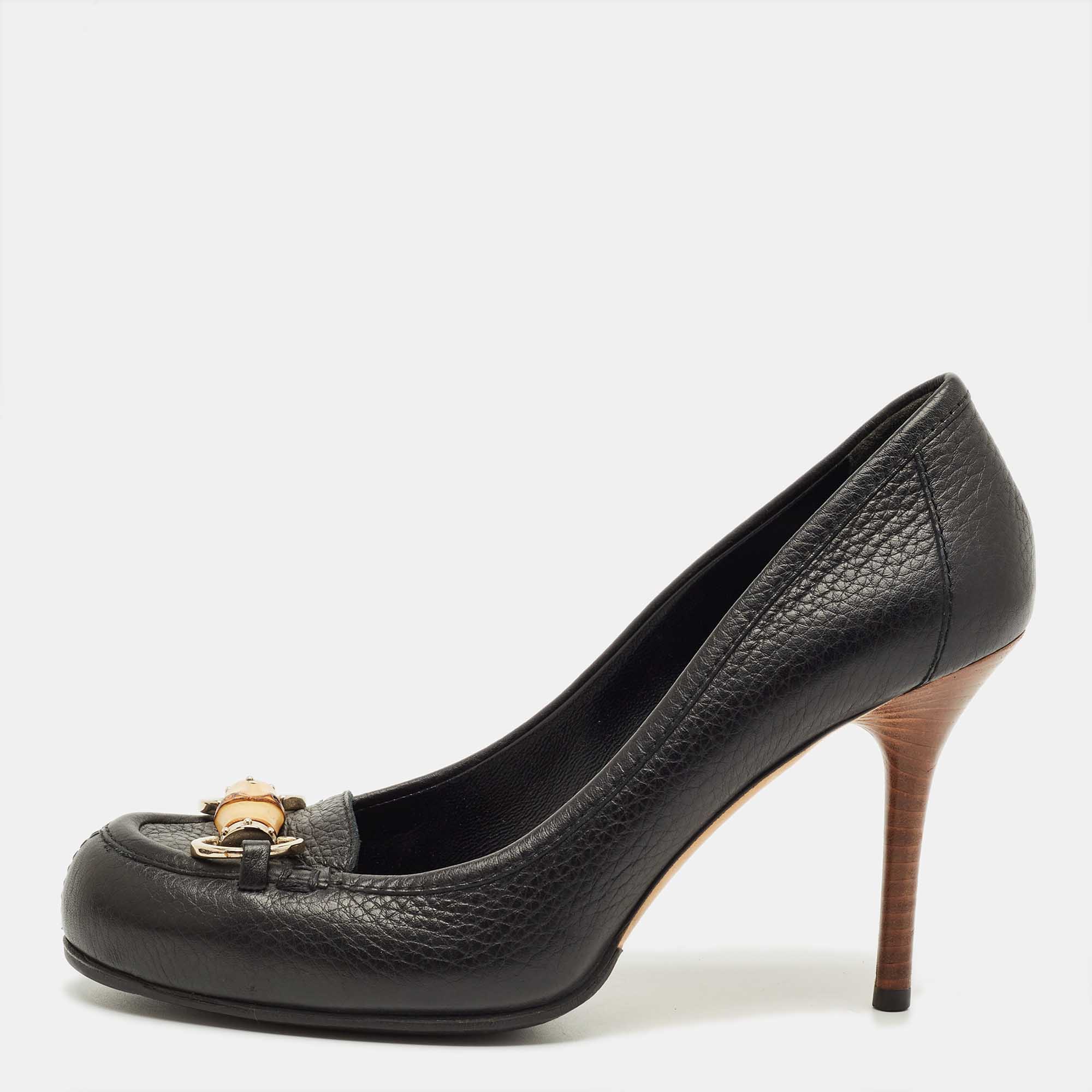 Pre-owned Gucci Black Leather Bamboo Horsebit Loafer Pumps Size 37