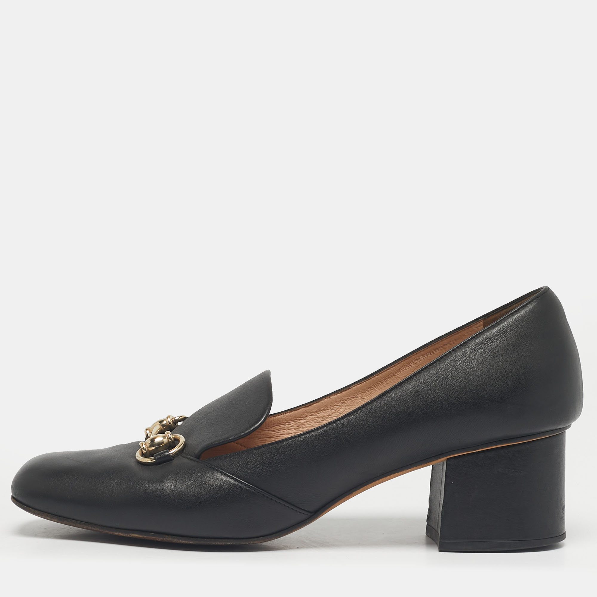 Pre-owned Gucci Black Leather Loafer Horsebit Pumps Size 39.5