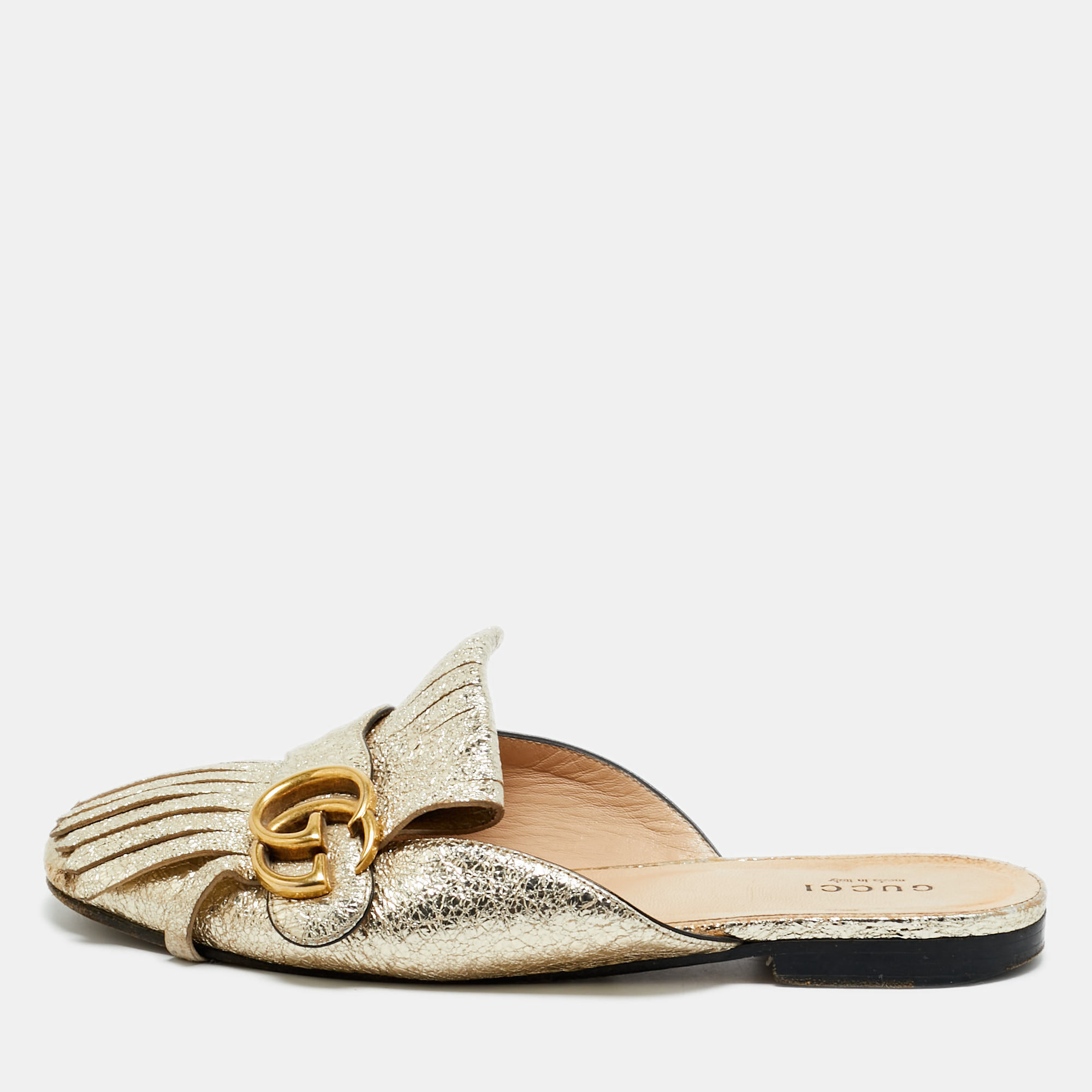 Pre-owned Gucci Gold Foil Leather Gg Marmont Fringe Detail Flat Mules Size 36