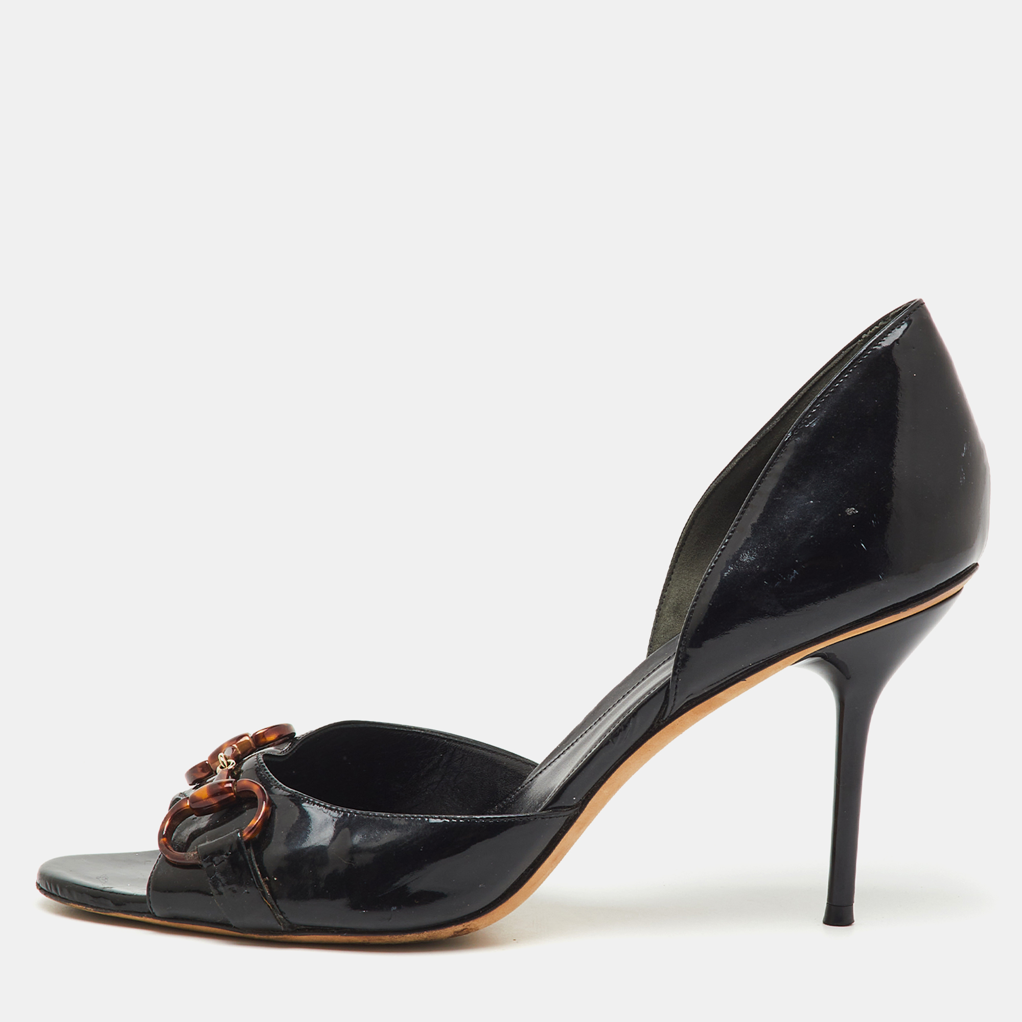Pre-owned Gucci Black Patent Leather Horsebit Open Toe D'orsay Pumps Size 43