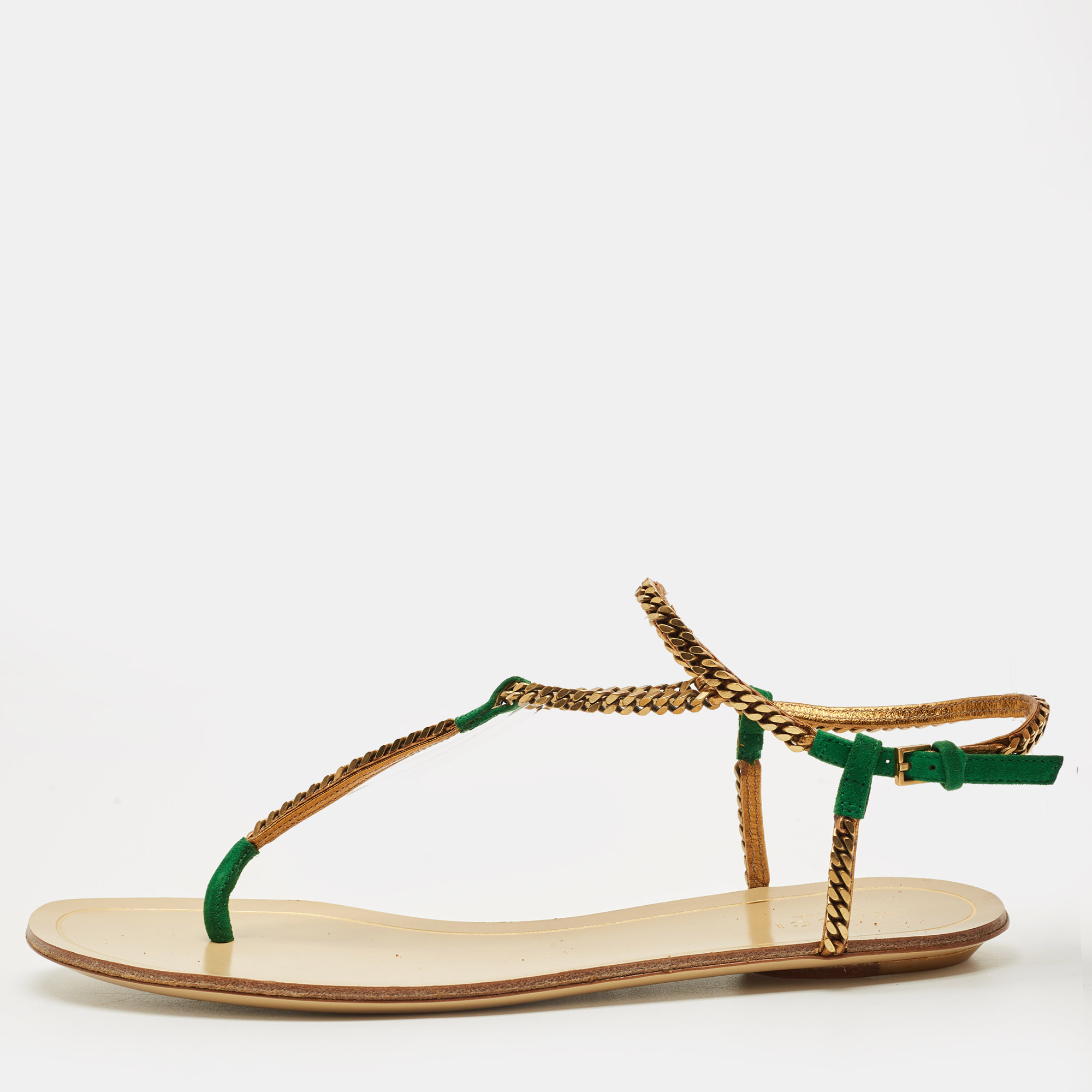 

Gucci Two Tone Metal Chain and Suede Thong Slingbak Sandals Size, Gold