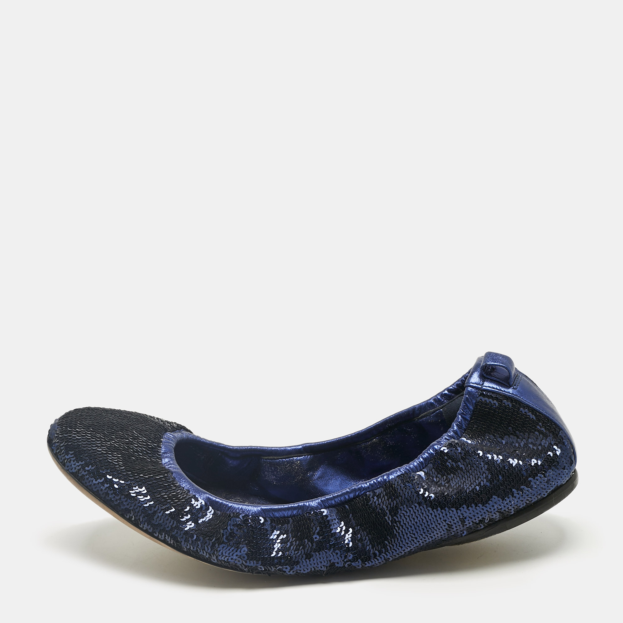 

Gucci Metallic Blue Leather and Sequins Embellish Scrunch Ballet Flats Size