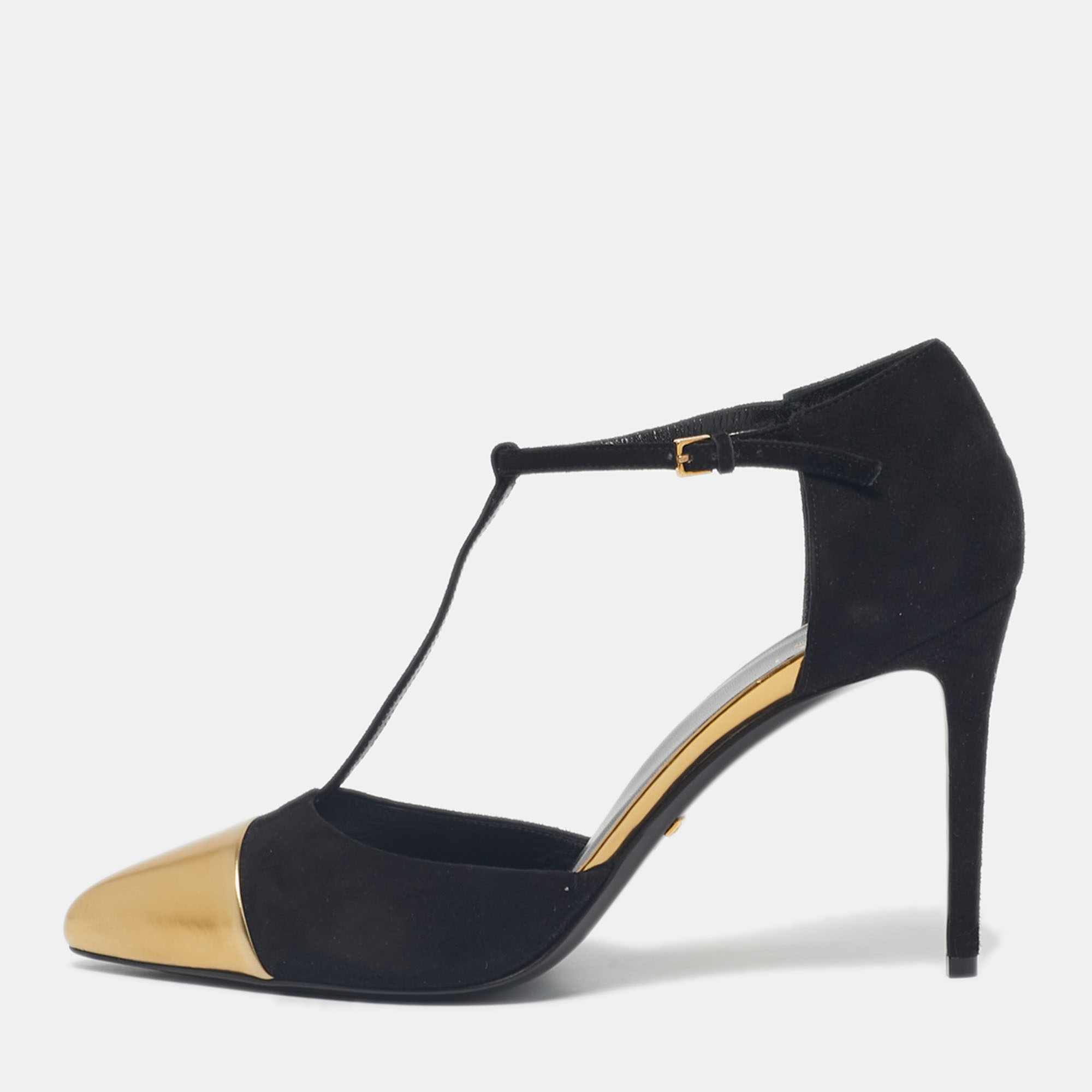 Pre-owned Gucci Black/gold Leather And Suede Coline T-strap Pumps Size 39