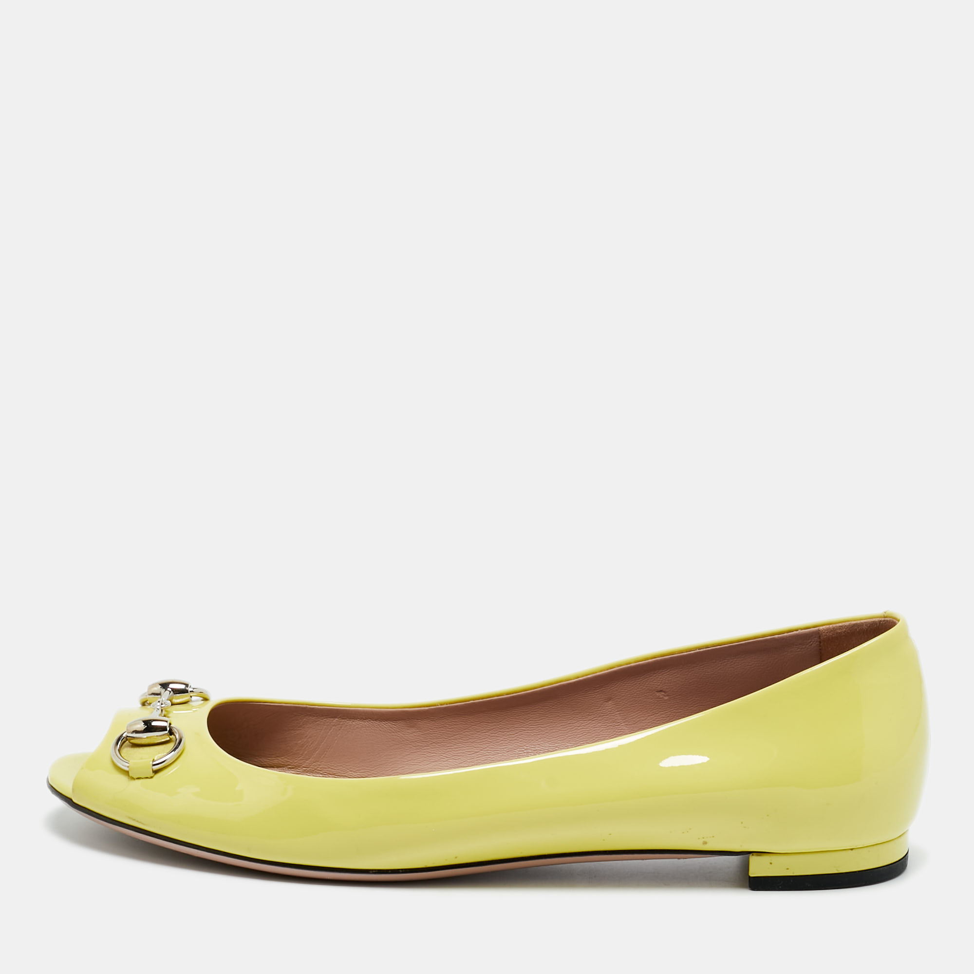 

Gucci Neon Yellow Patent Leather Horsebit Peep Toe Ballet Flats Size