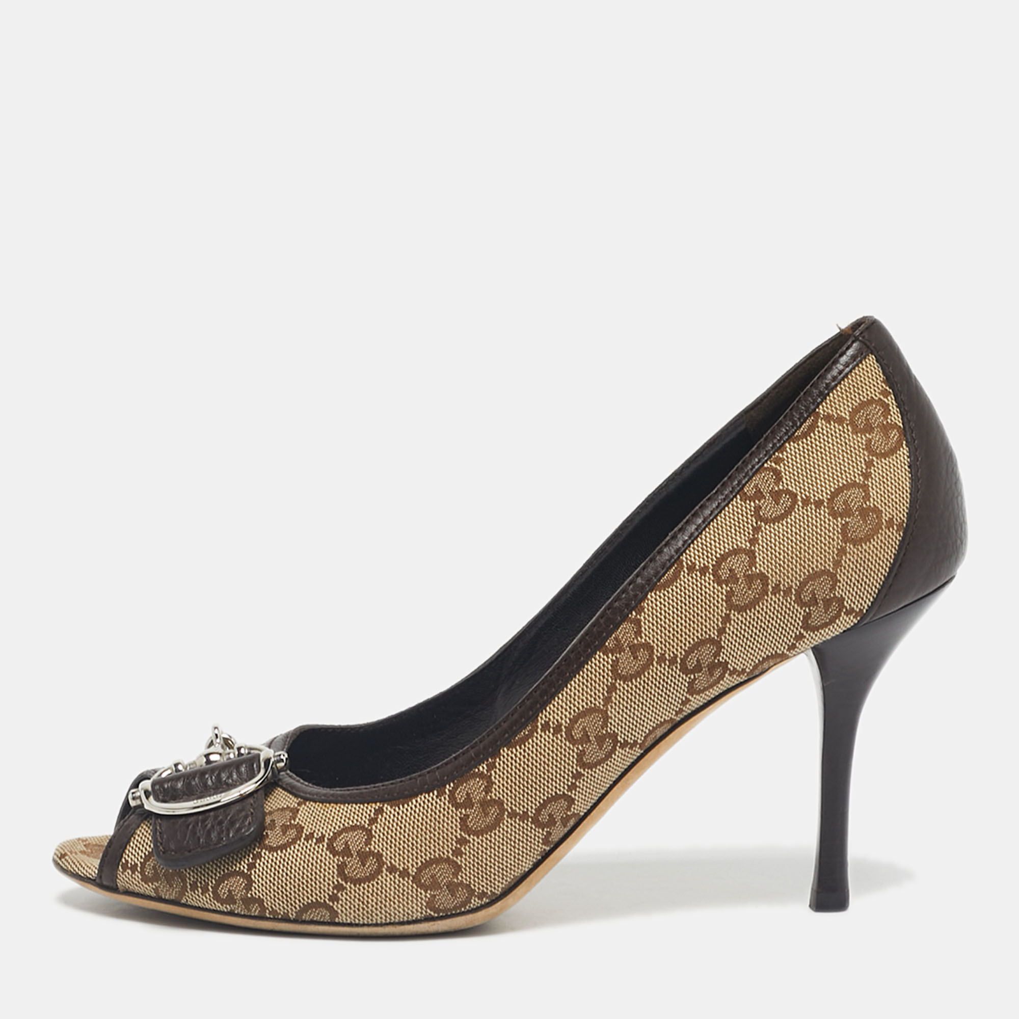 

Gucci Beige/Brown Guccissima Canvas Peep Toe Pumps Size
